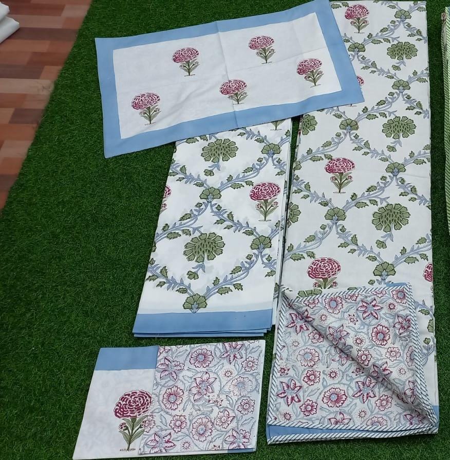 Floral Hand block Printed Matching Dohar Reversible With Bedsheet