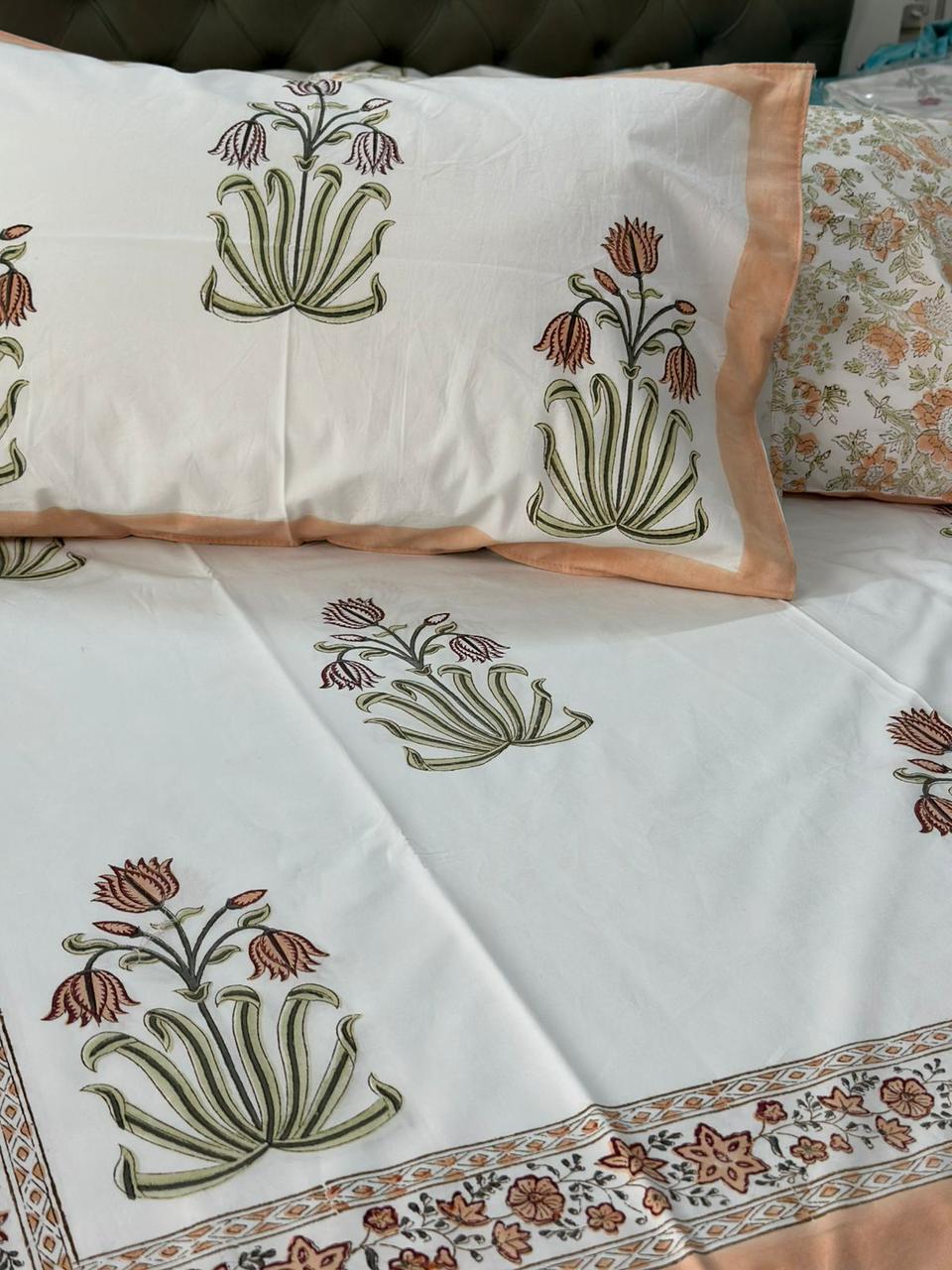 Floral Mul Mul Block Printed Cotton Bedsheet King size