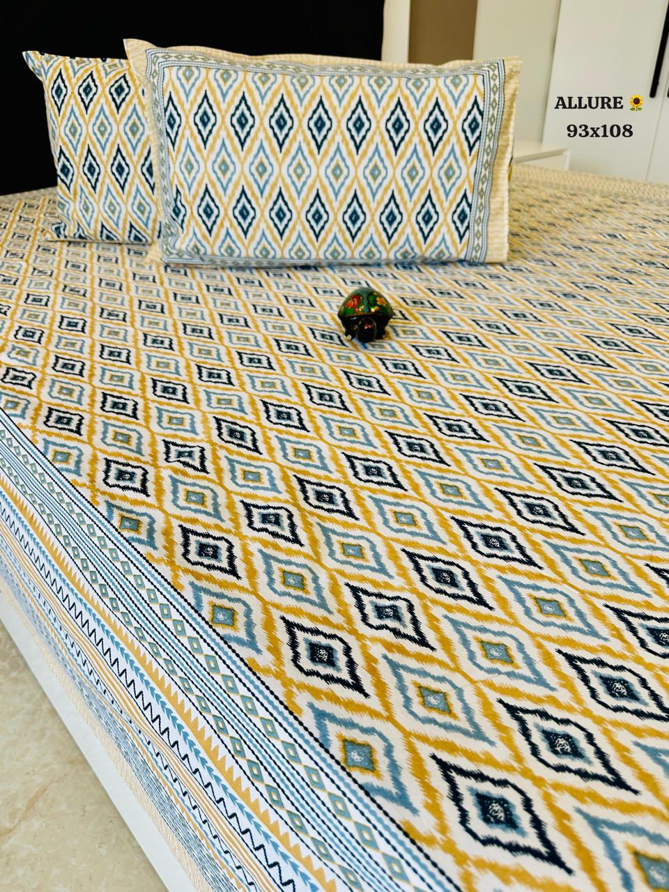 Ikkat Yellow and Blue Queen Size Bedsheet - Allure Collections