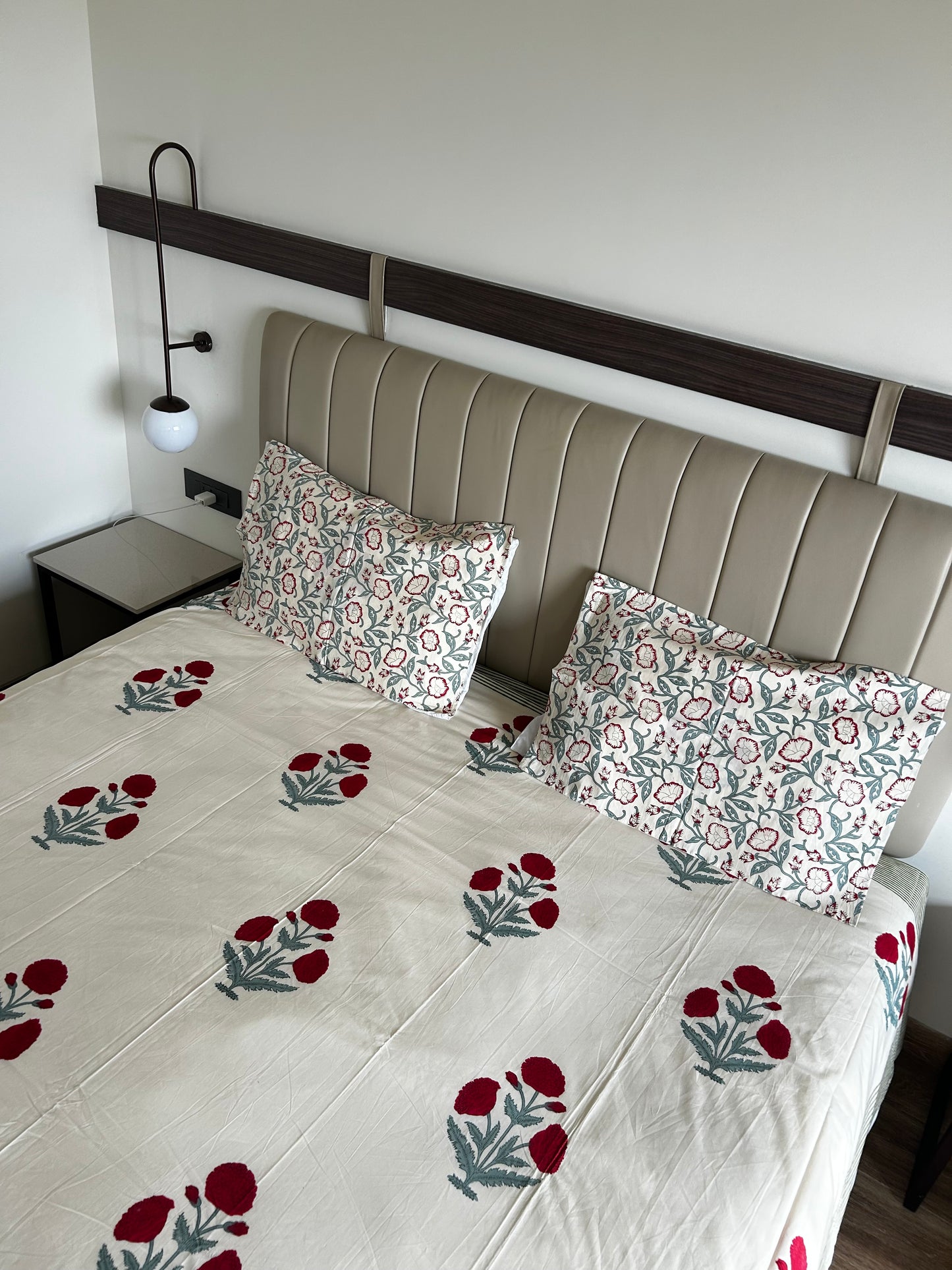 Red Floral Beige Base Hand Block Printed Cotton Bedsheet