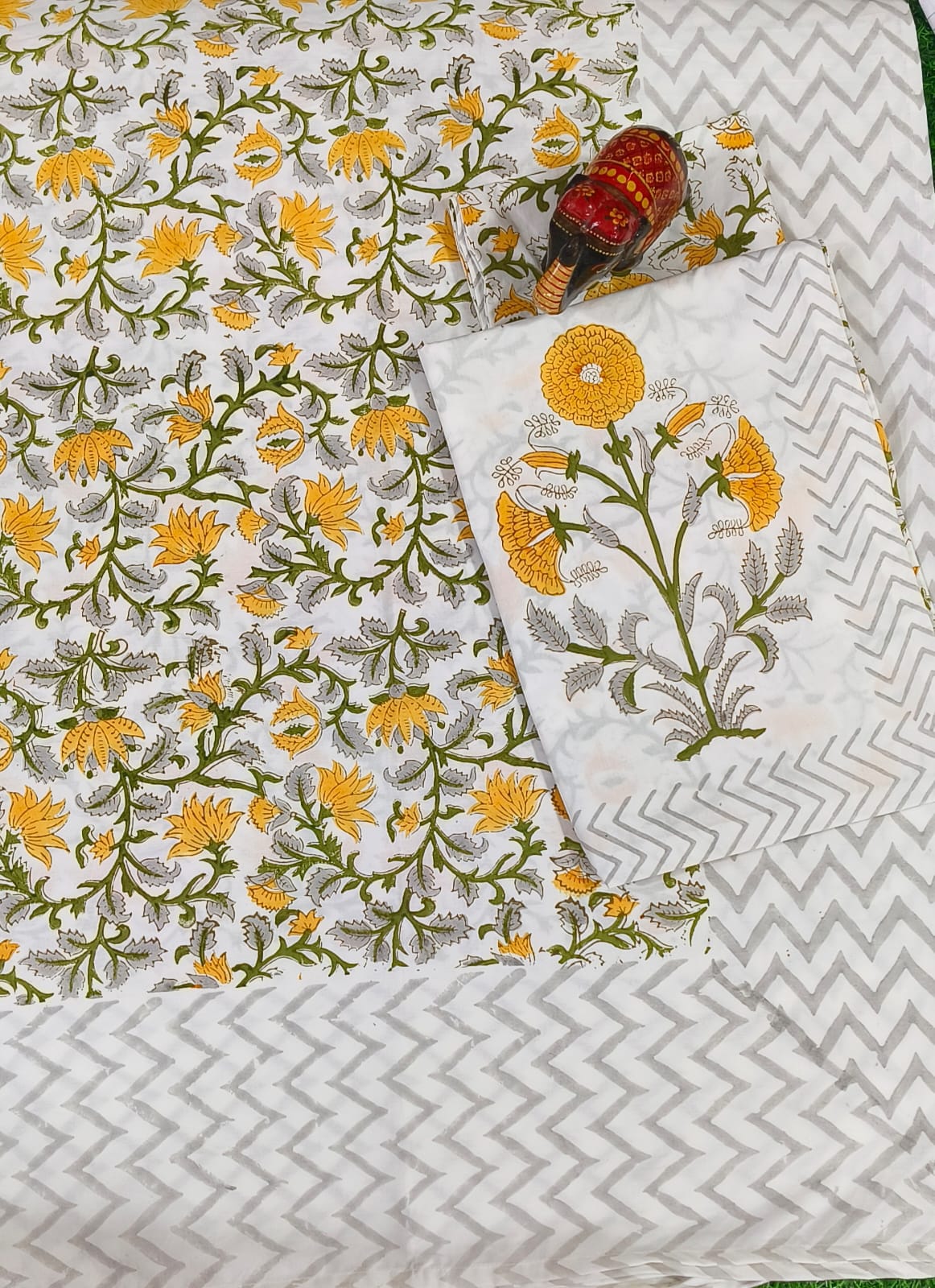 Yellow Floral Block Printed Cotton Bedsheet
