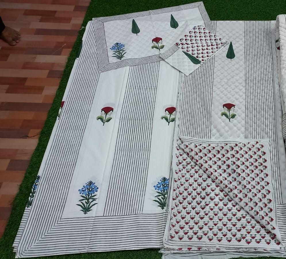 Flowers and Stripes Hand block Printed Matching Dohar Reversible With Bedsheet