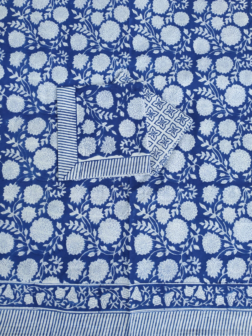 Blue Block Printed Cotton Bedsheet