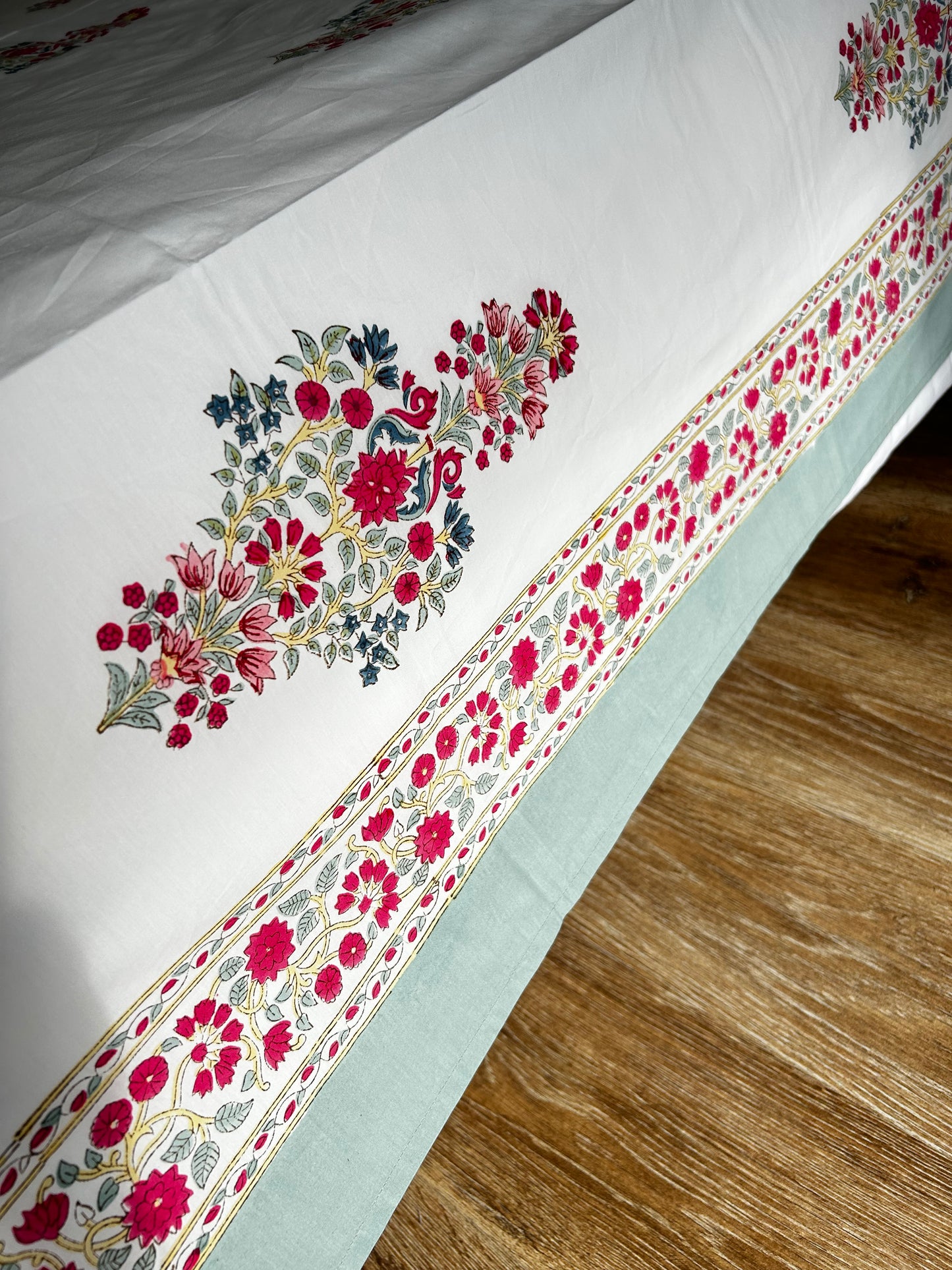 Pink Floral Block Printed Cotton Bedsheet