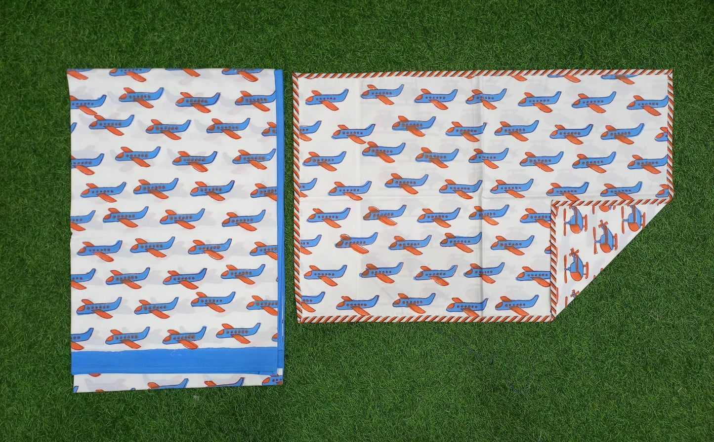 Aeroplane Block Printed Single Bedsheet