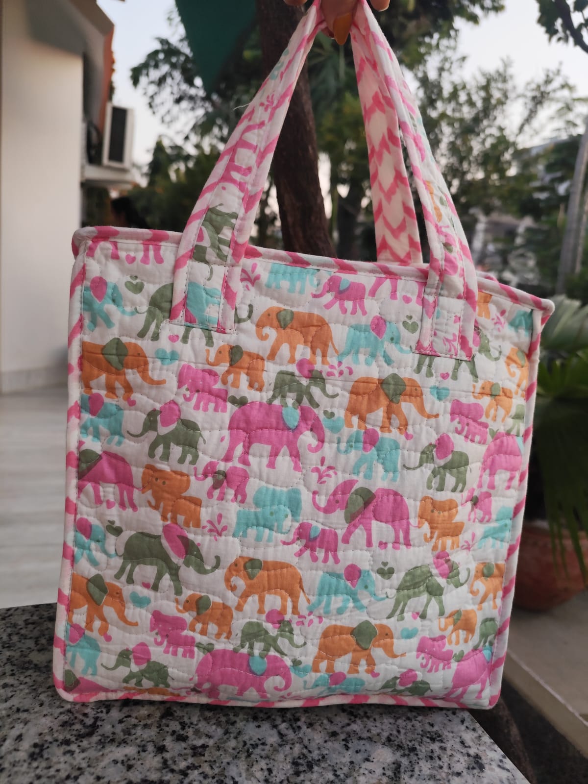 Baby Elephant Quilted Handblock Printed Lunch Bag With Zip