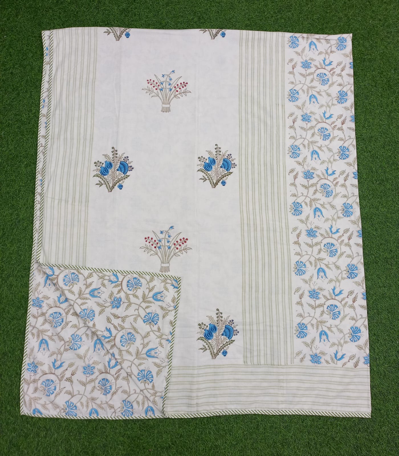 Blue Floral Motif Reversible Hand Block Printed Mul Cotton Dohar
