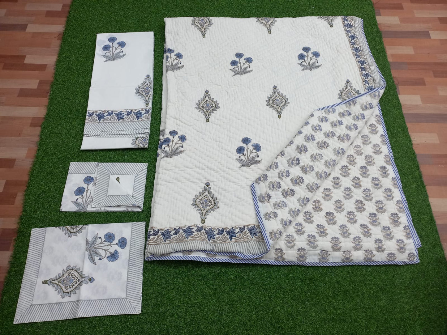 Blue Motifs Hand block Printed Matching Quilt Reversible With Bedsheet