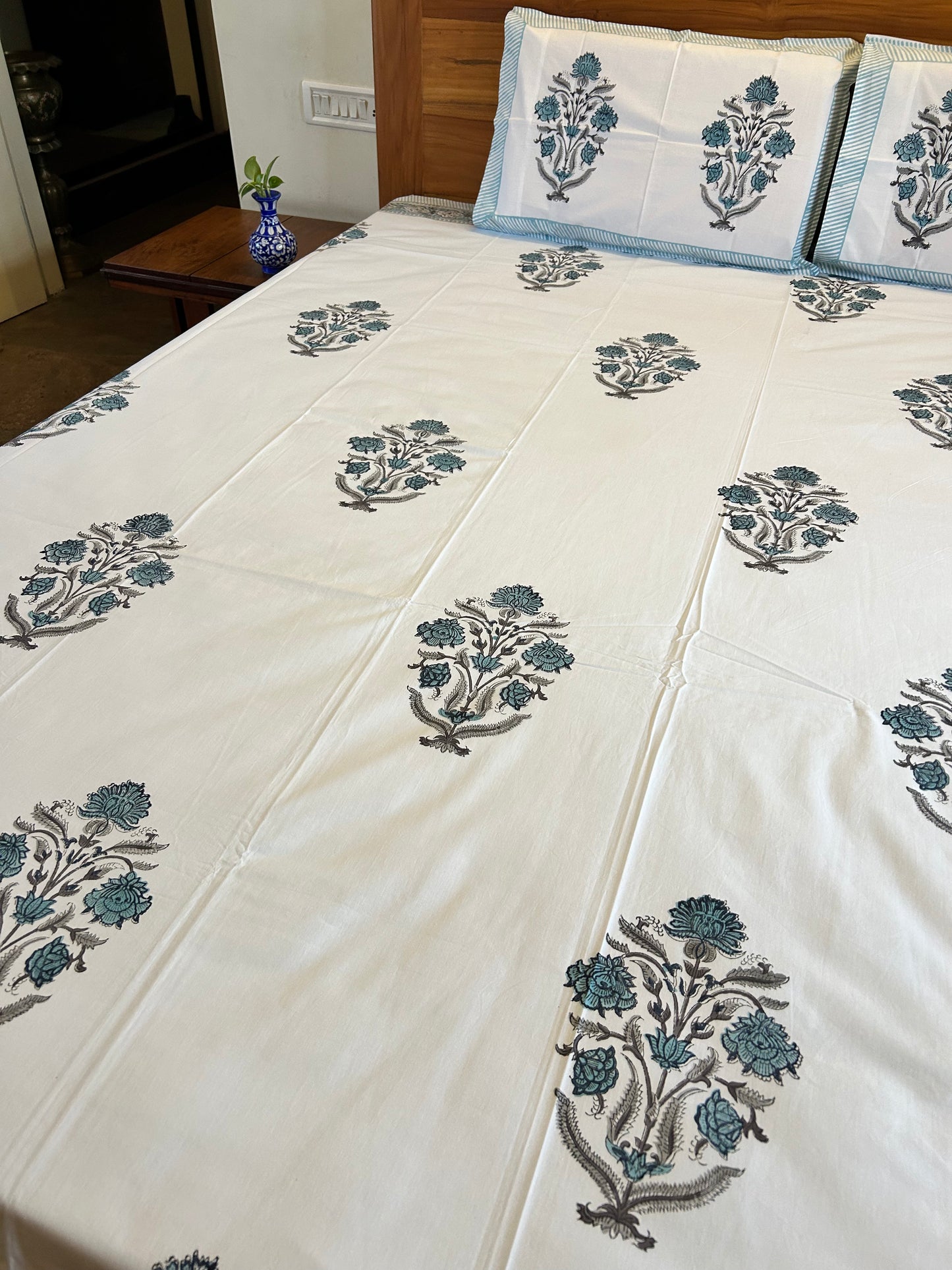 Calming Blue Motifs Block Printed Cotton Bedsheet