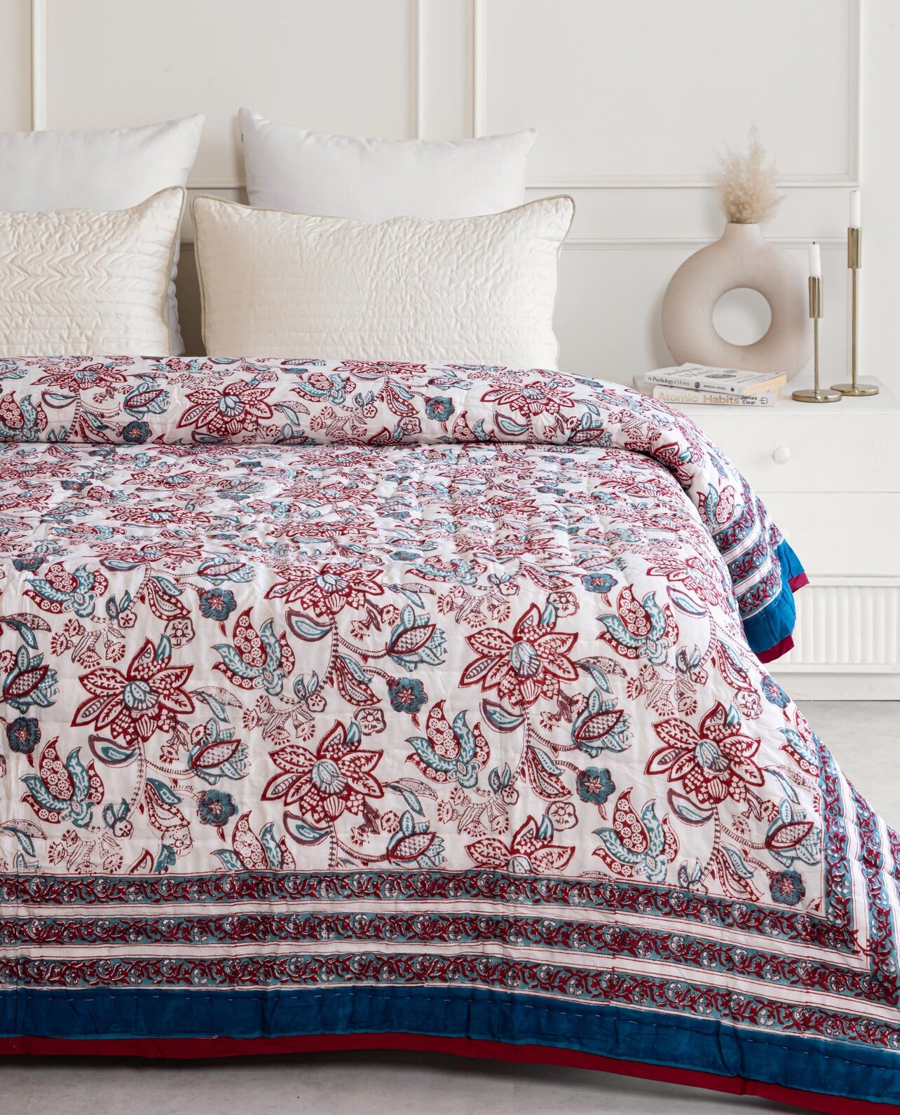 Cobalt Blue Reversible Handblock Printed Cotton Quilt