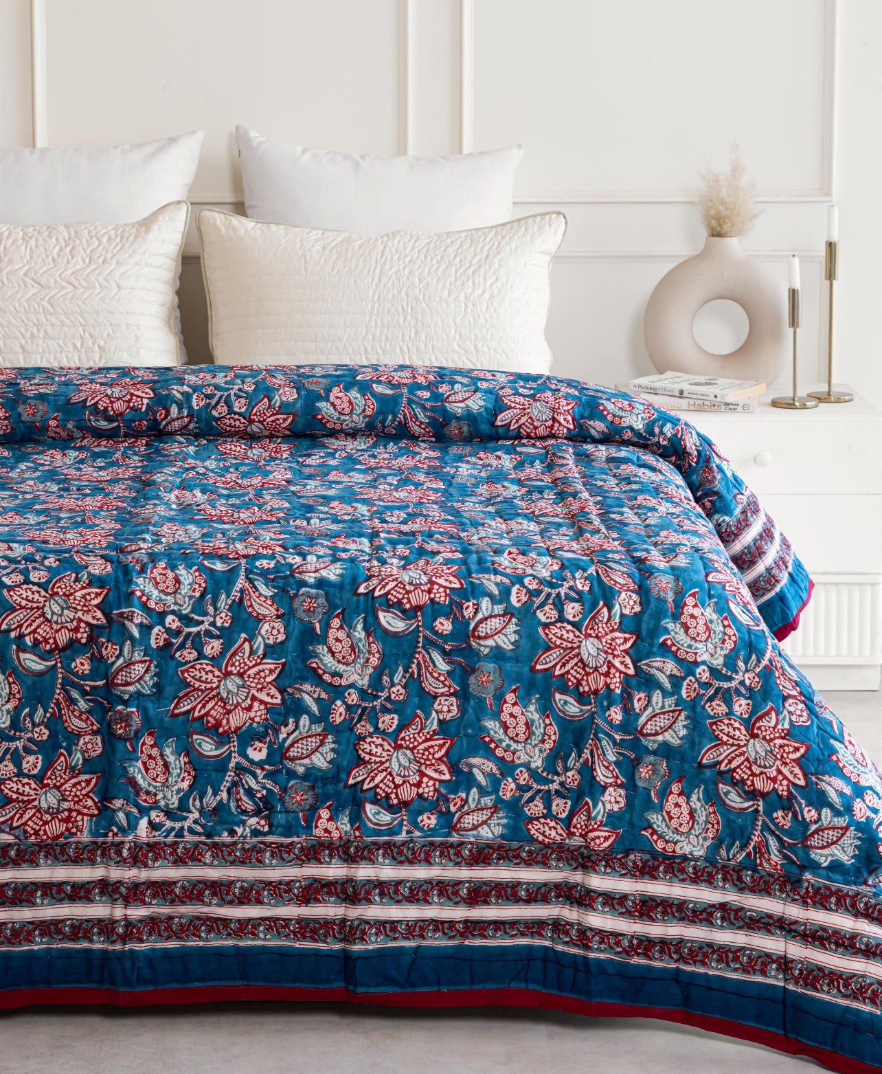 Cobalt Blue Reversible Handblock Printed Cotton Quilt