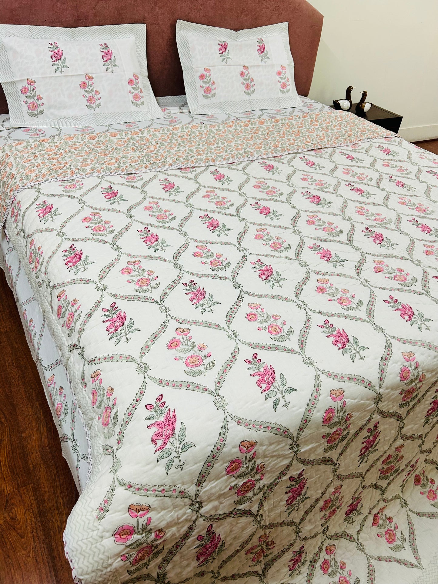 Pink Floral Jaal Reversible Handblock Printed Cotton Quilt