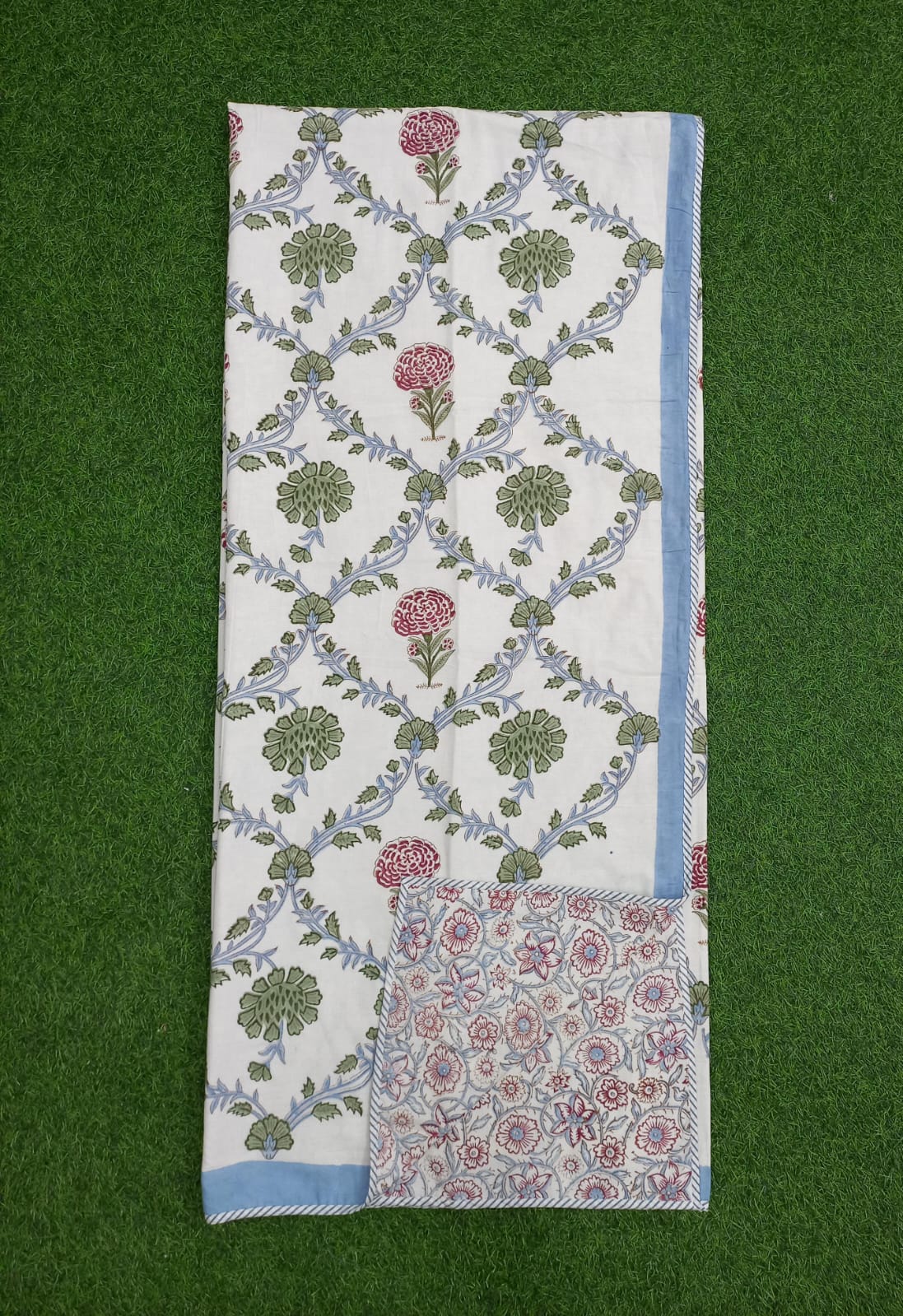 Elegant Floral Trellis Reversible Hand Block Printed Mul Cotton Dohar
