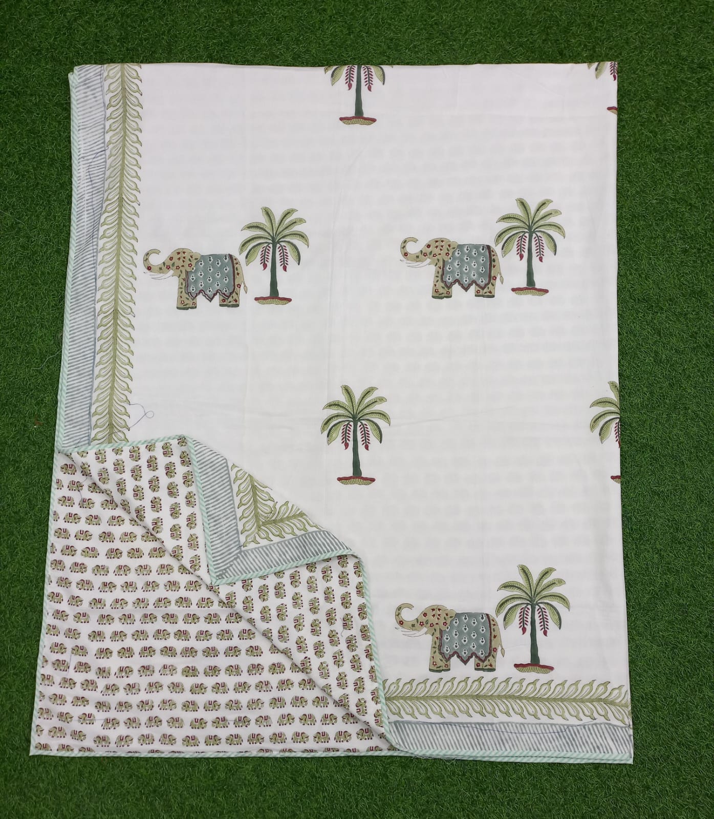 Elephant Palms Reversible Hand Block Printed Mul Cotton Dohar