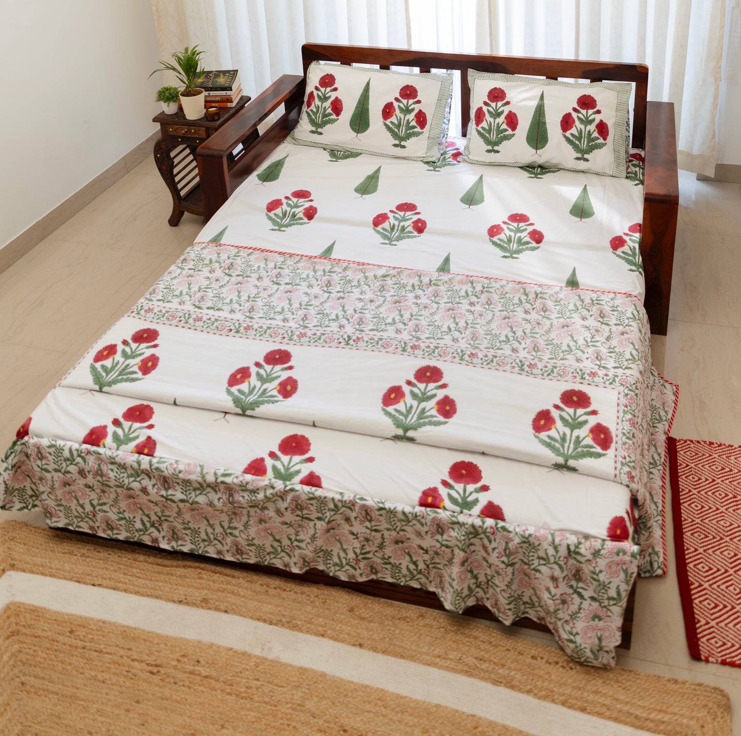 Red Marigold Hand block Printed Matching Dohar Reversible With Bedsheet