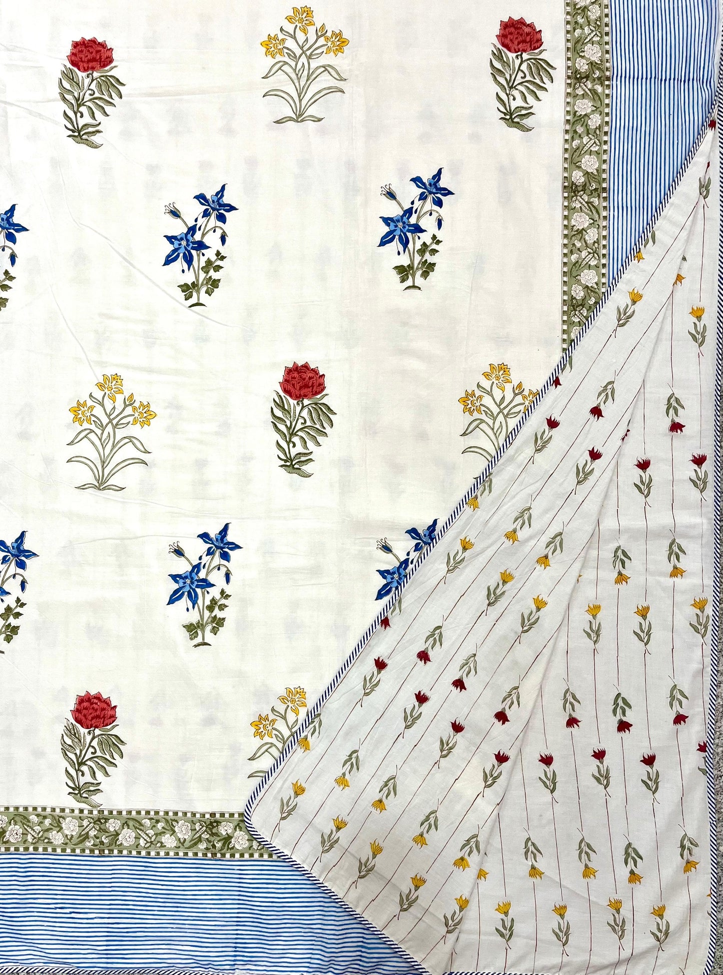Five Floral Motifs Reversible Hand Block Printed Mul Cotton Dohar