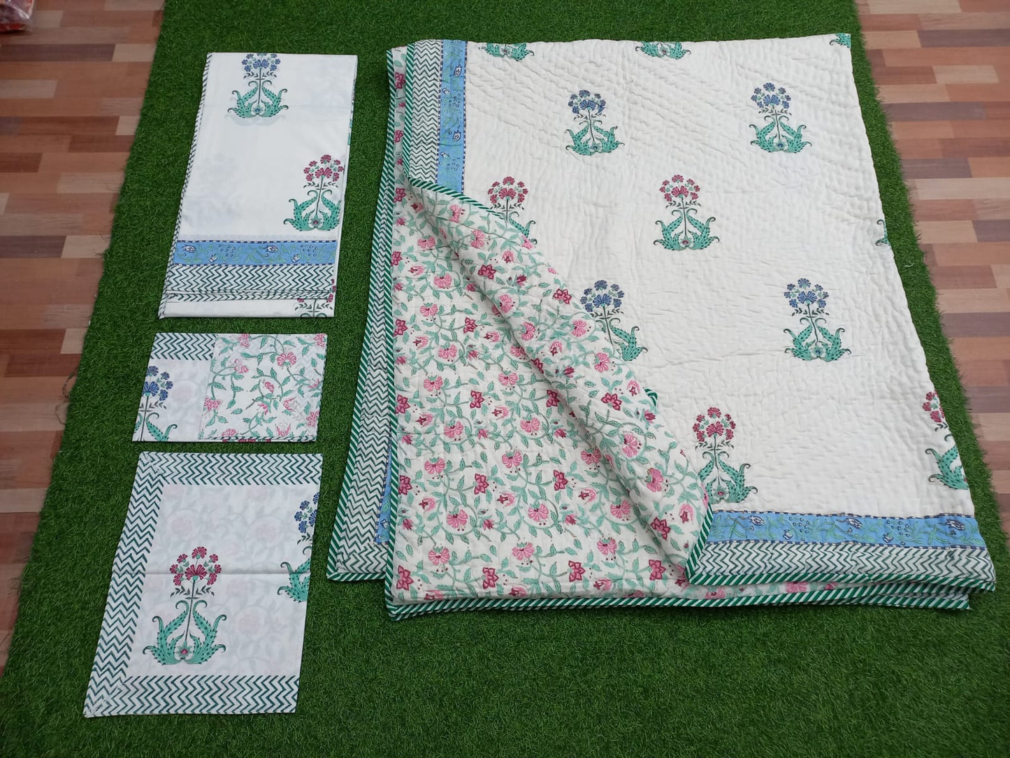 Forest Flowers Hand block Printed Matching Quilt Reversible With Bedsheet