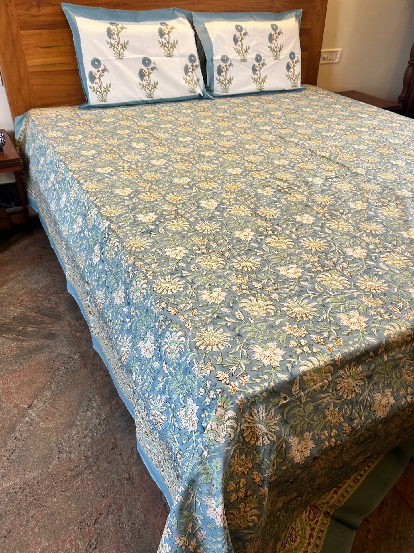 French Blue Floral Block Printed Cotton Bedsheet