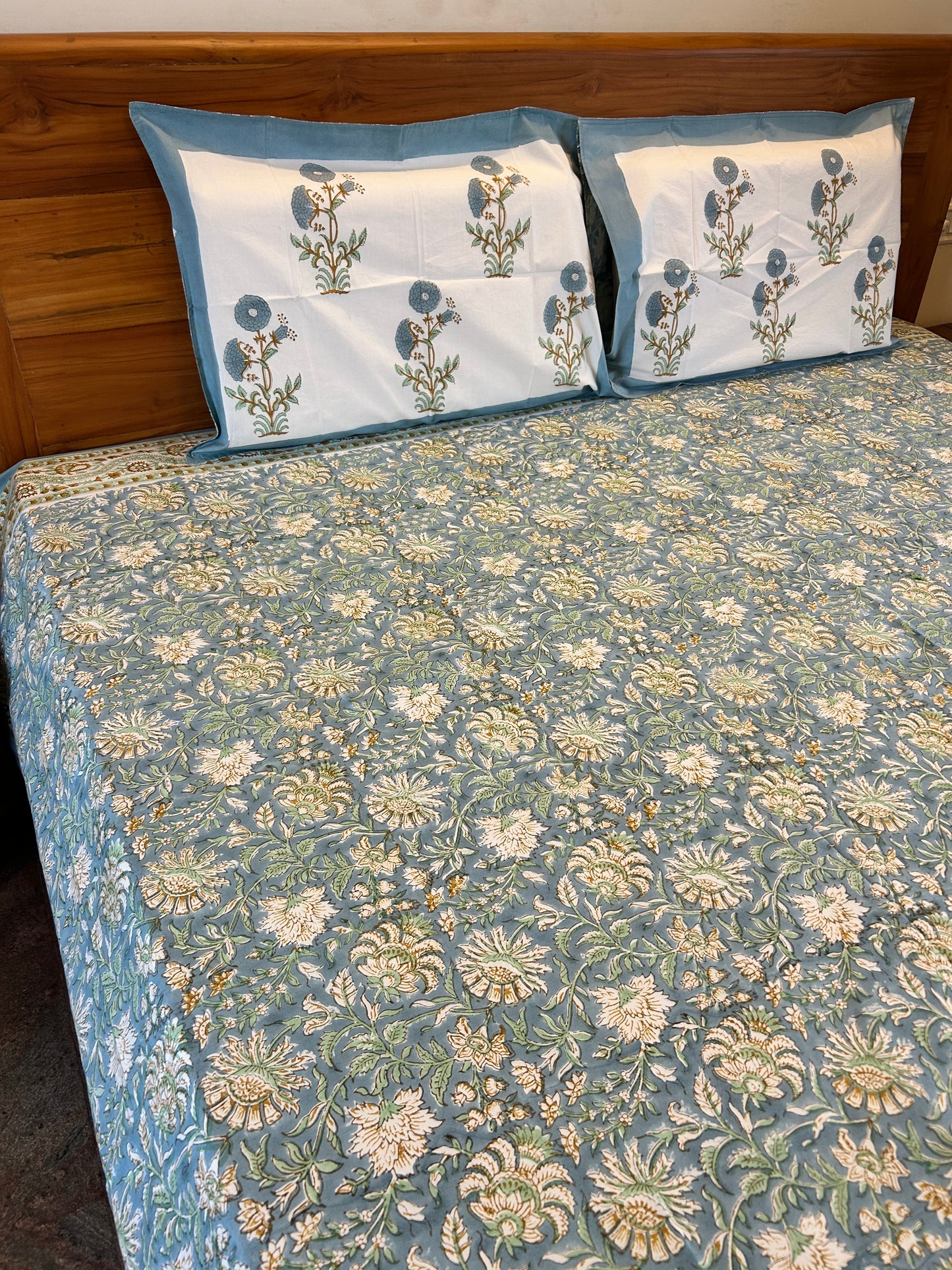 French Blue Floral Block Printed Cotton Bedsheet