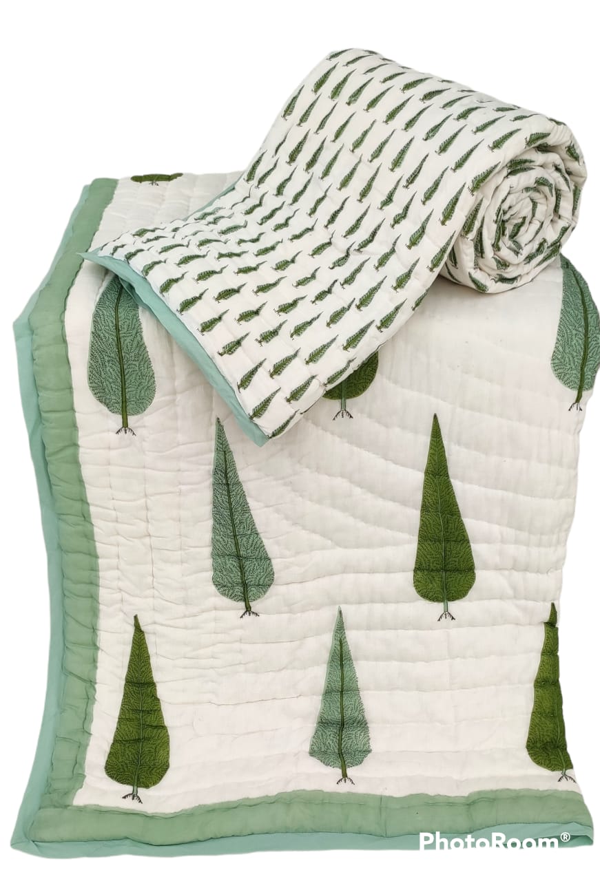 Green Pines Reversible Handblock Printed Cotton Quilt