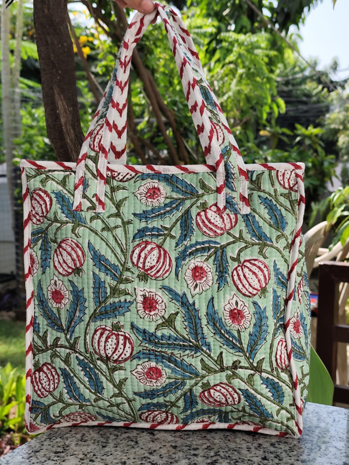Green pomo Quilted Handblock Printed Lunch Bag With Zip