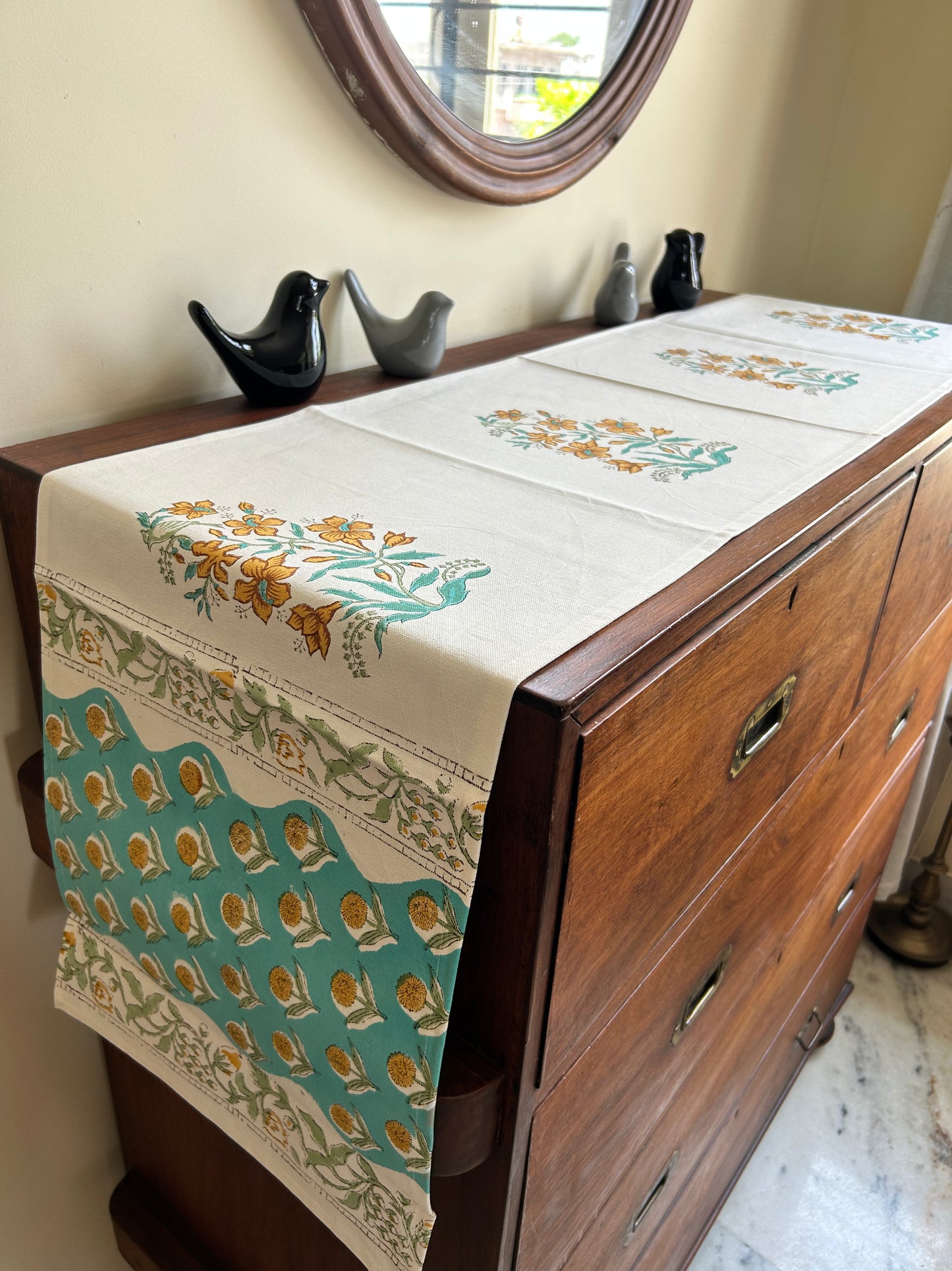 Teal Green Floral Table Runner