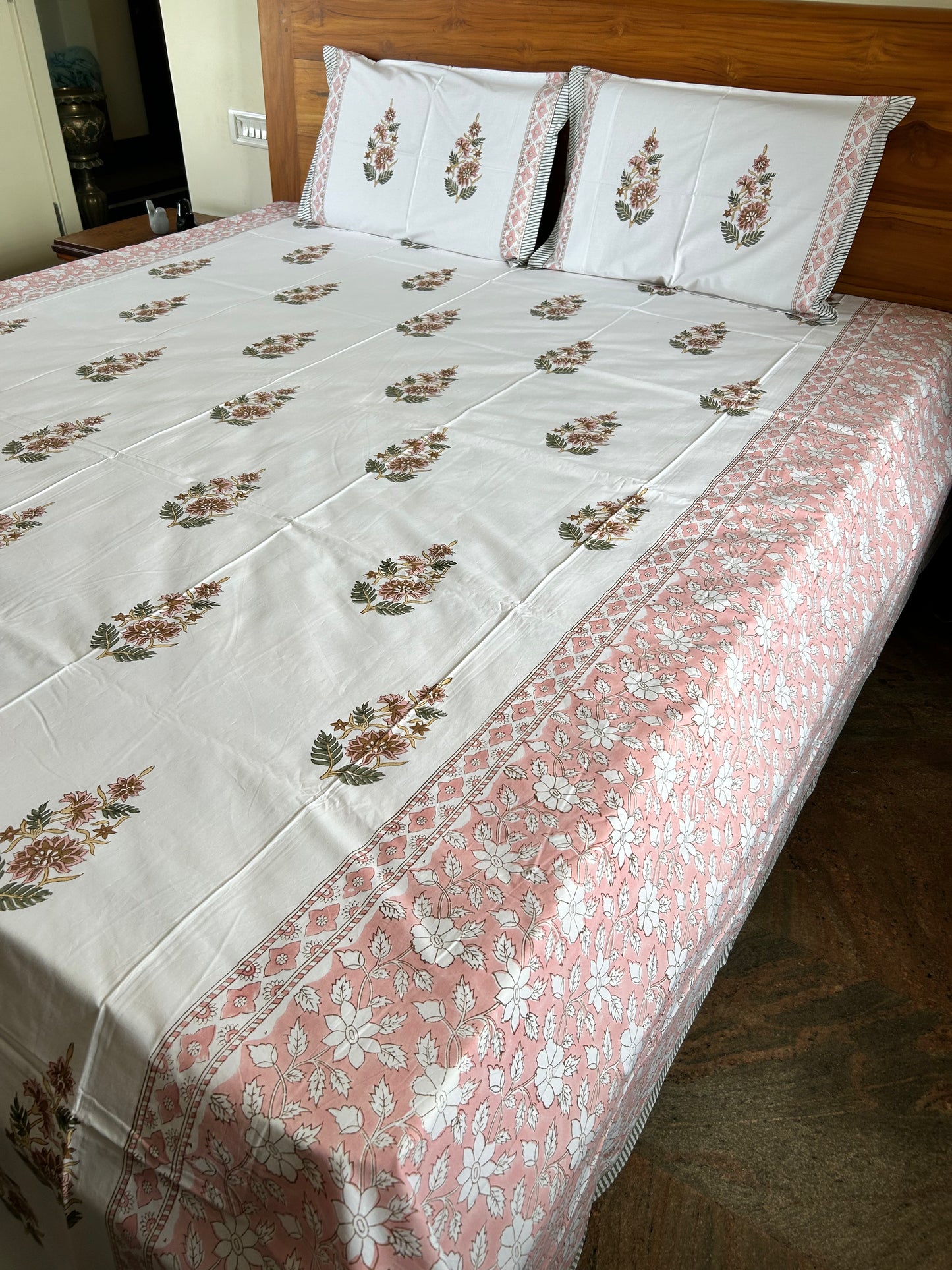 Flowers and Bushes Block Printed Cotton Bedsheet