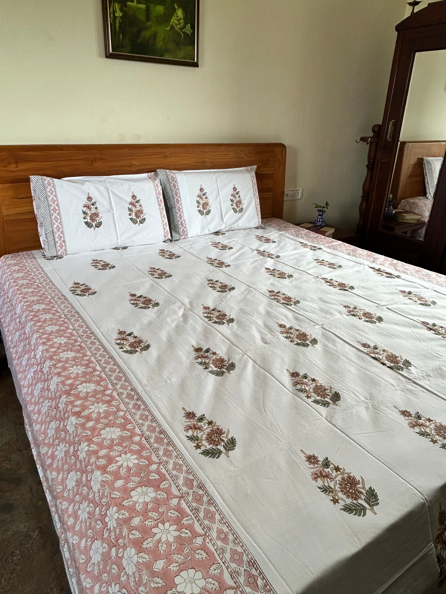 Flowers and Bushes Block Printed Cotton Bedsheet