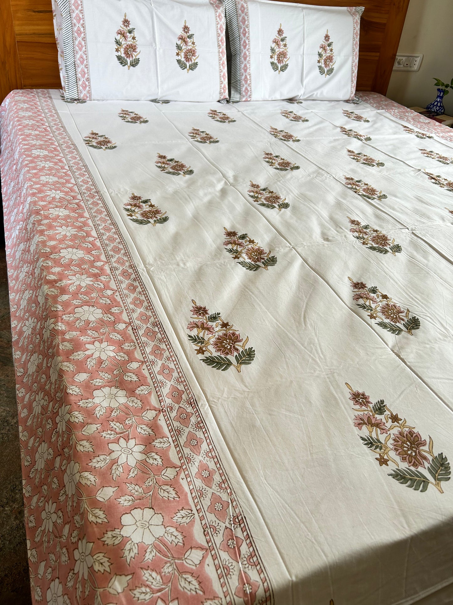 Flowers and Bushes Block Printed Cotton Bedsheet