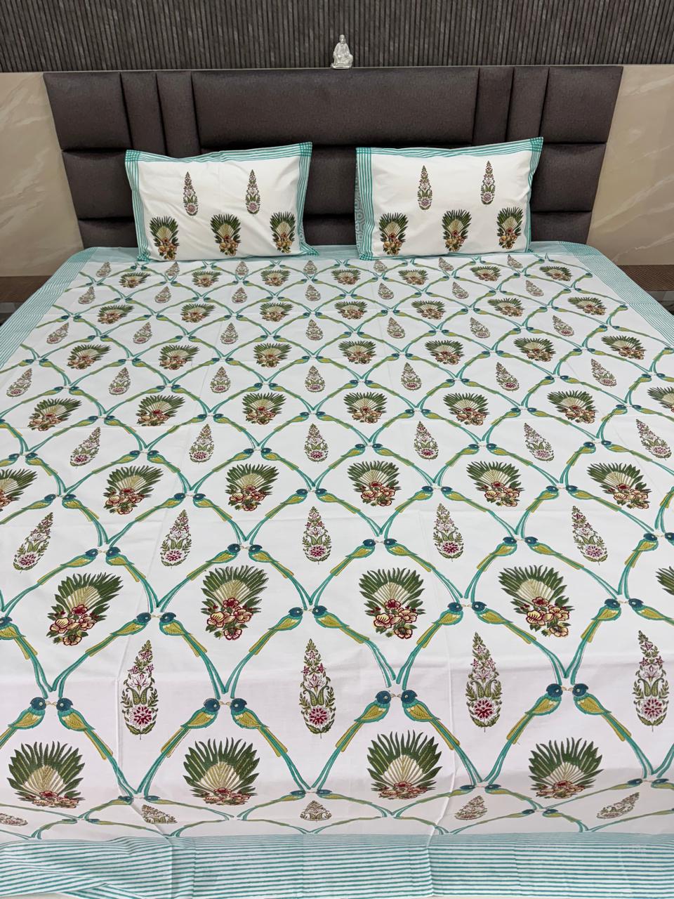 Birds and Floral Block Printed Cotton Queen size Bedsheet