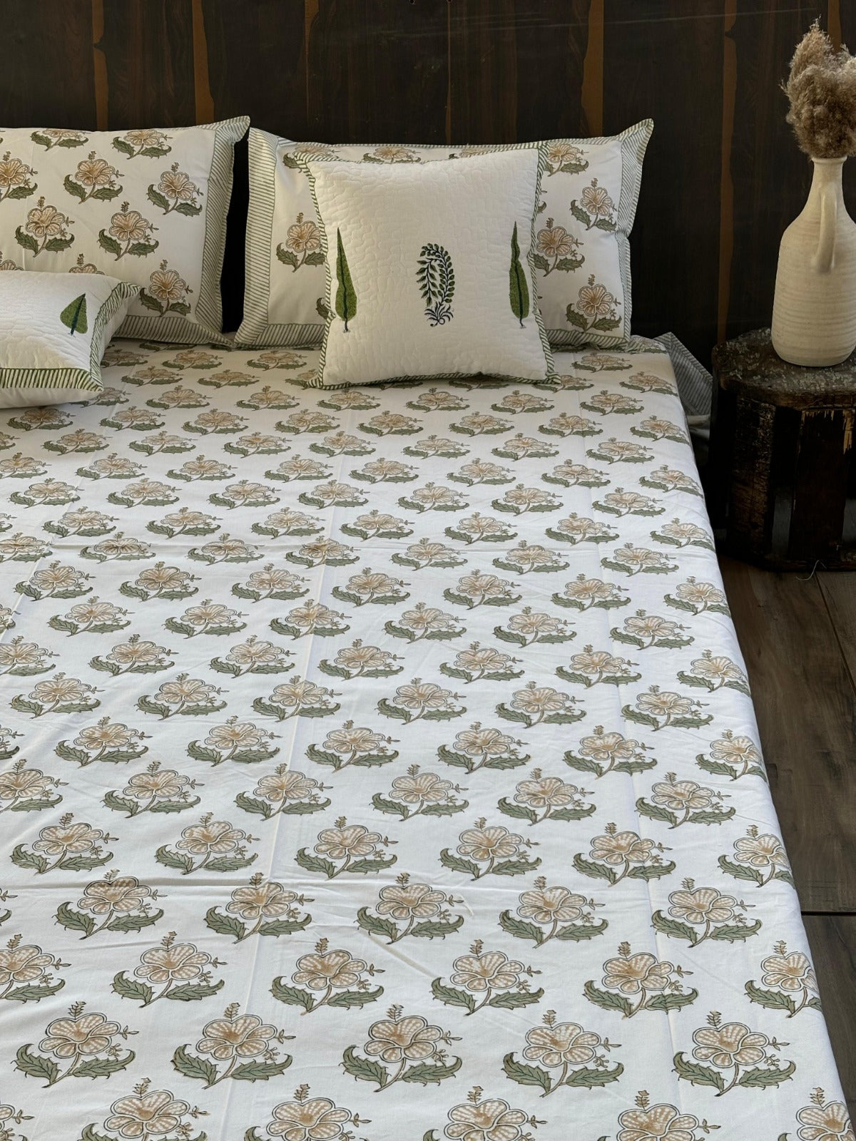 Flowers Block Printed Cotton Queen size Bedsheet