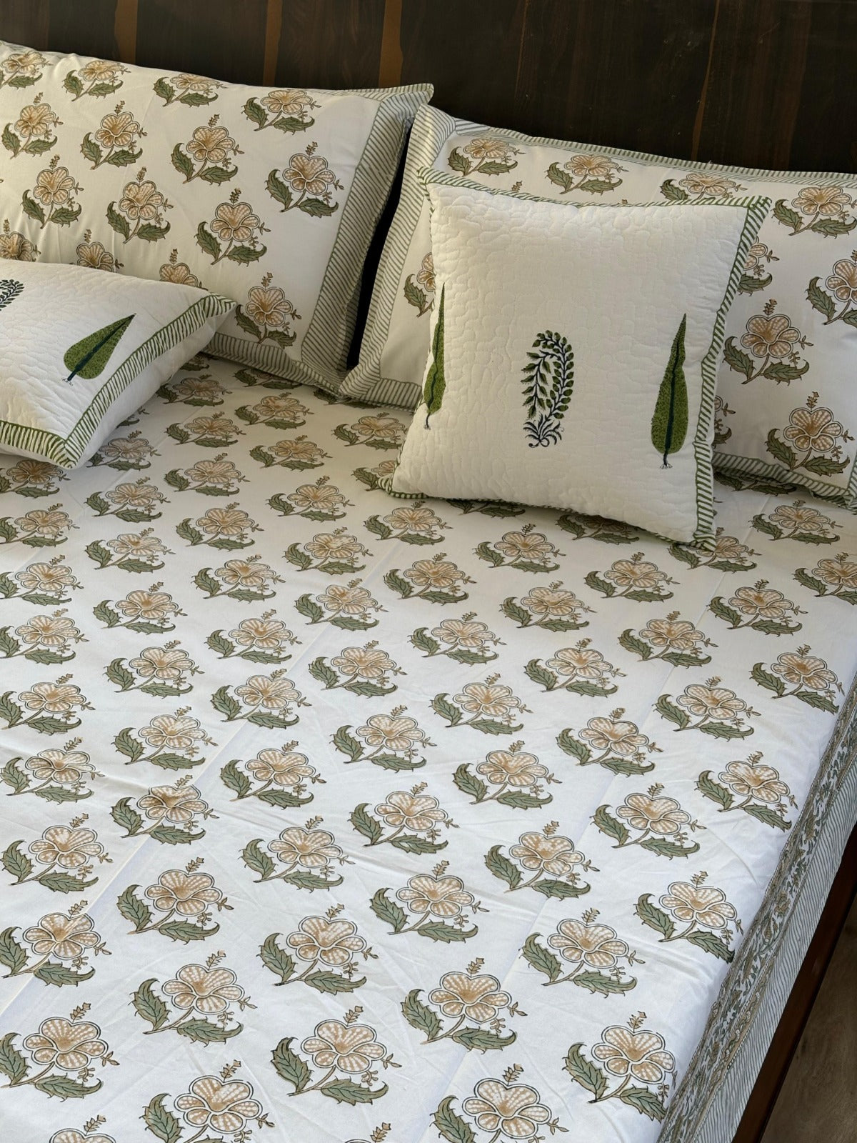 Flowers Block Printed Cotton Queen size Bedsheet