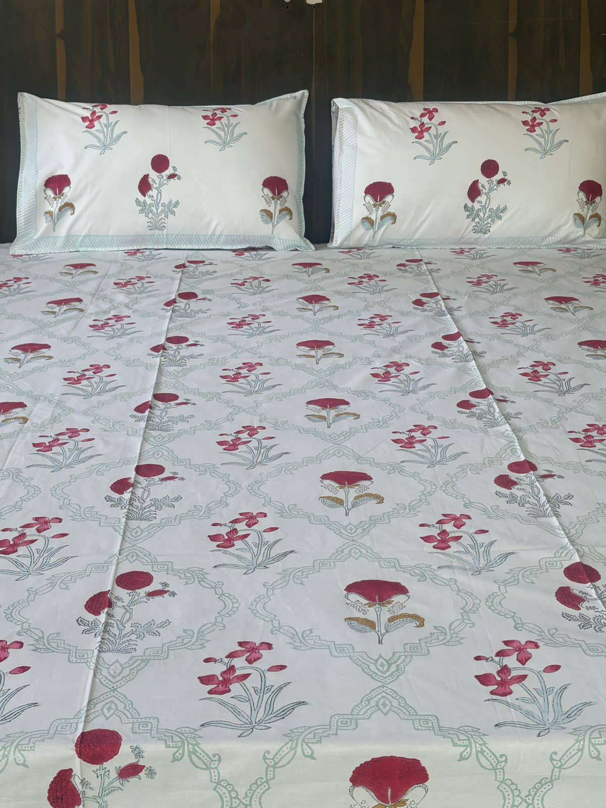Pink Flowers Block Printed Cotton Queen size Bedsheet