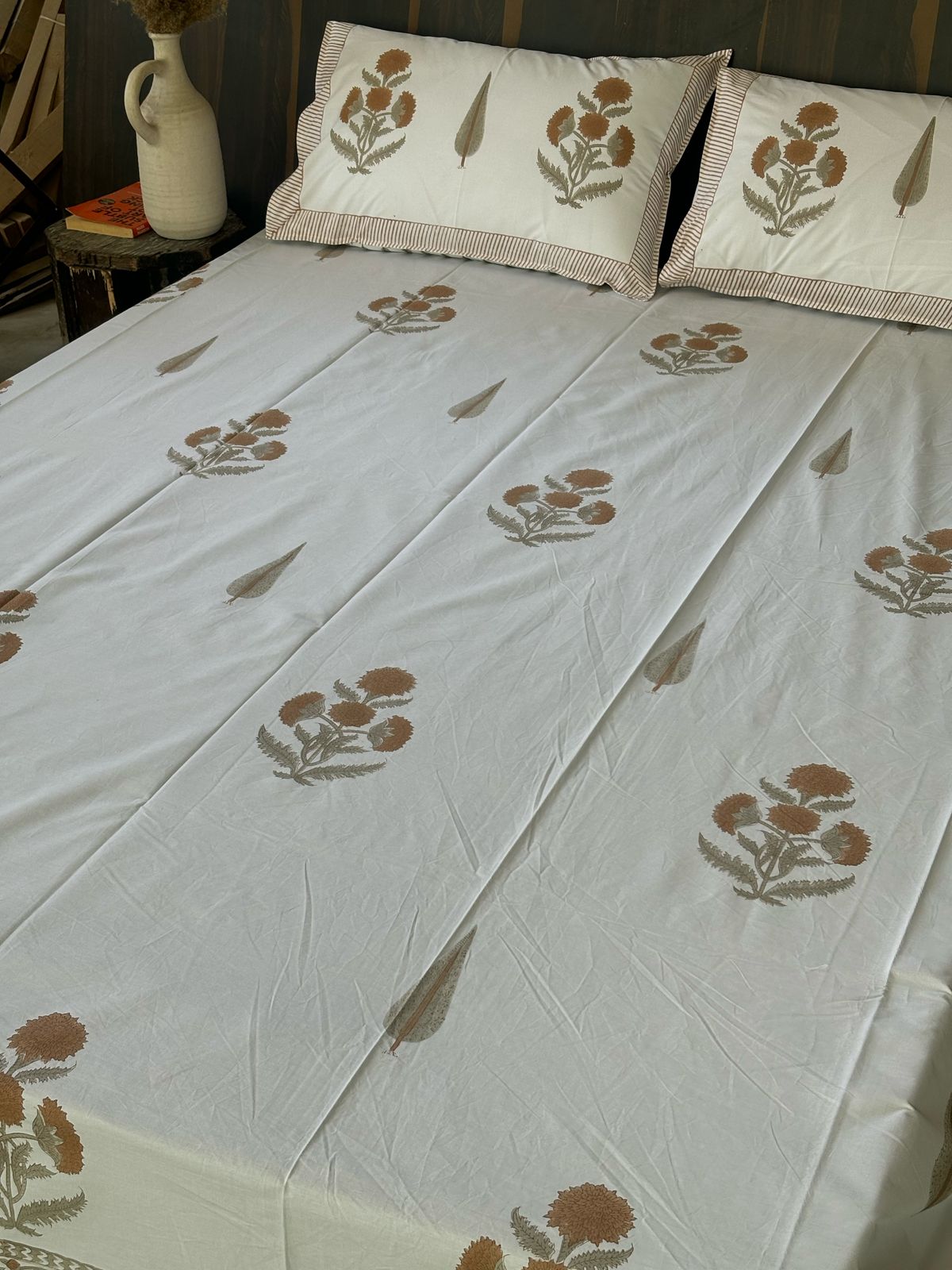 Yellow Floral Block Printed Cotton Queen size Bedsheet