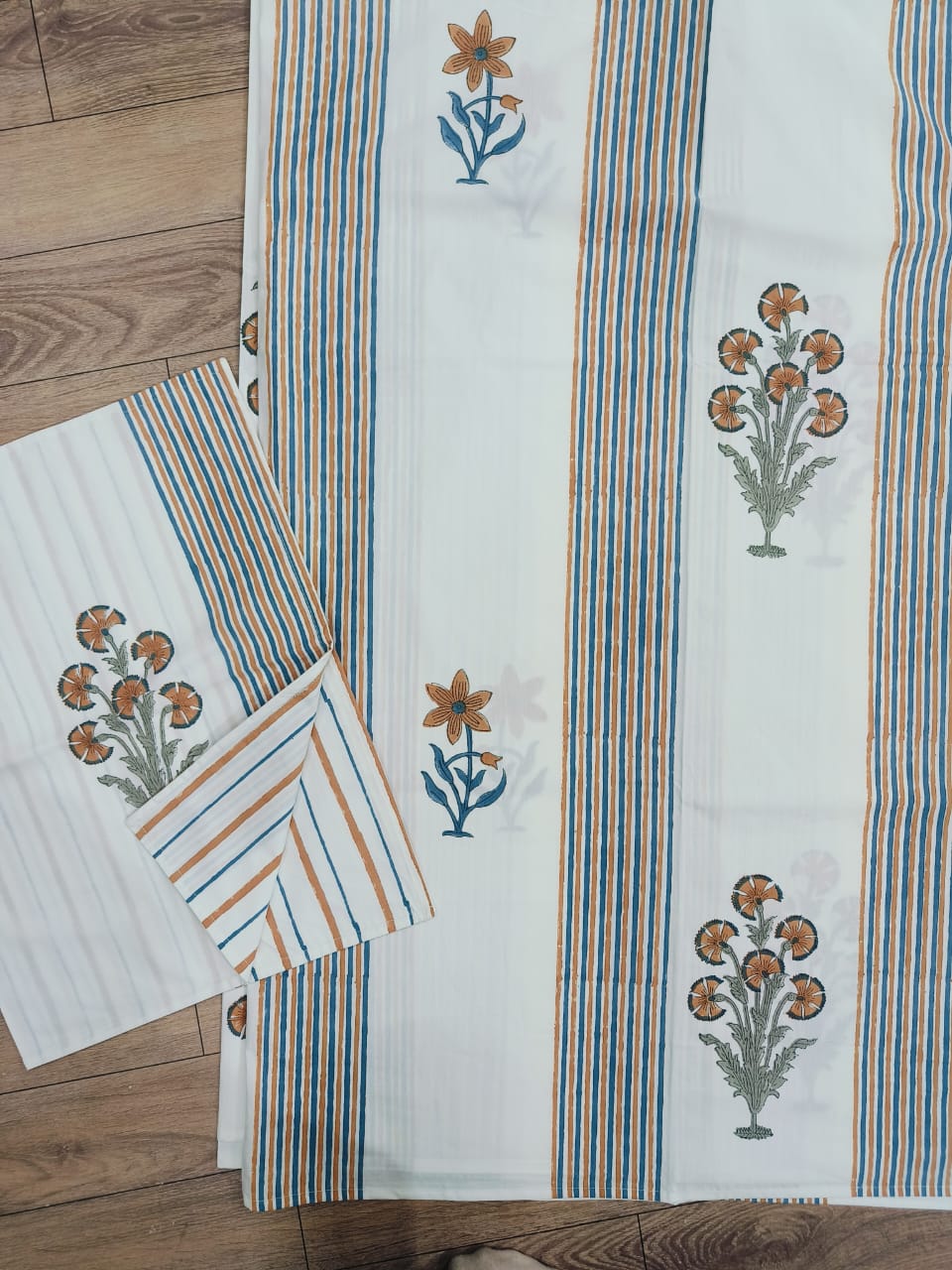 Stripes and Flowers Block Printed Cotton Queen size Bedsheet