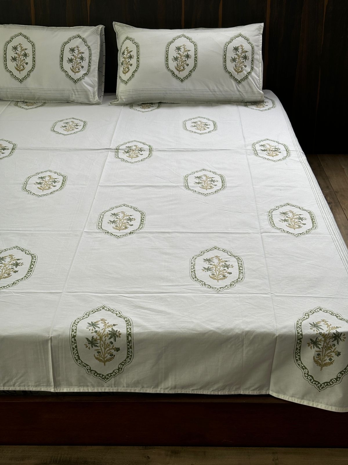 Mul Mul Yellow Floral Block Printed Cotton Queen size Bedsheet