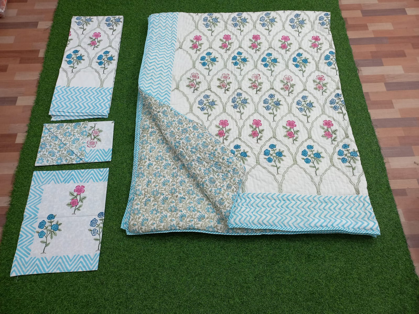 Light Blue Pink Handblock Printed Matching Quilt Reversible With Bedsheet