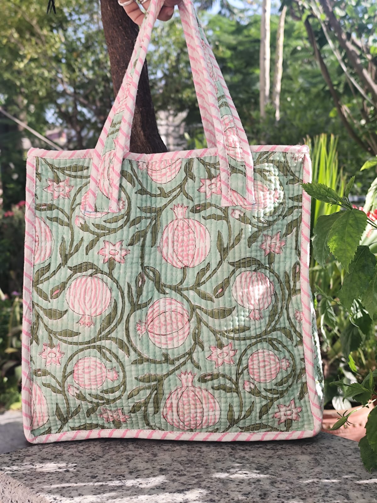 Light green Quilted Handblock Printed Lunch Bag With Zip