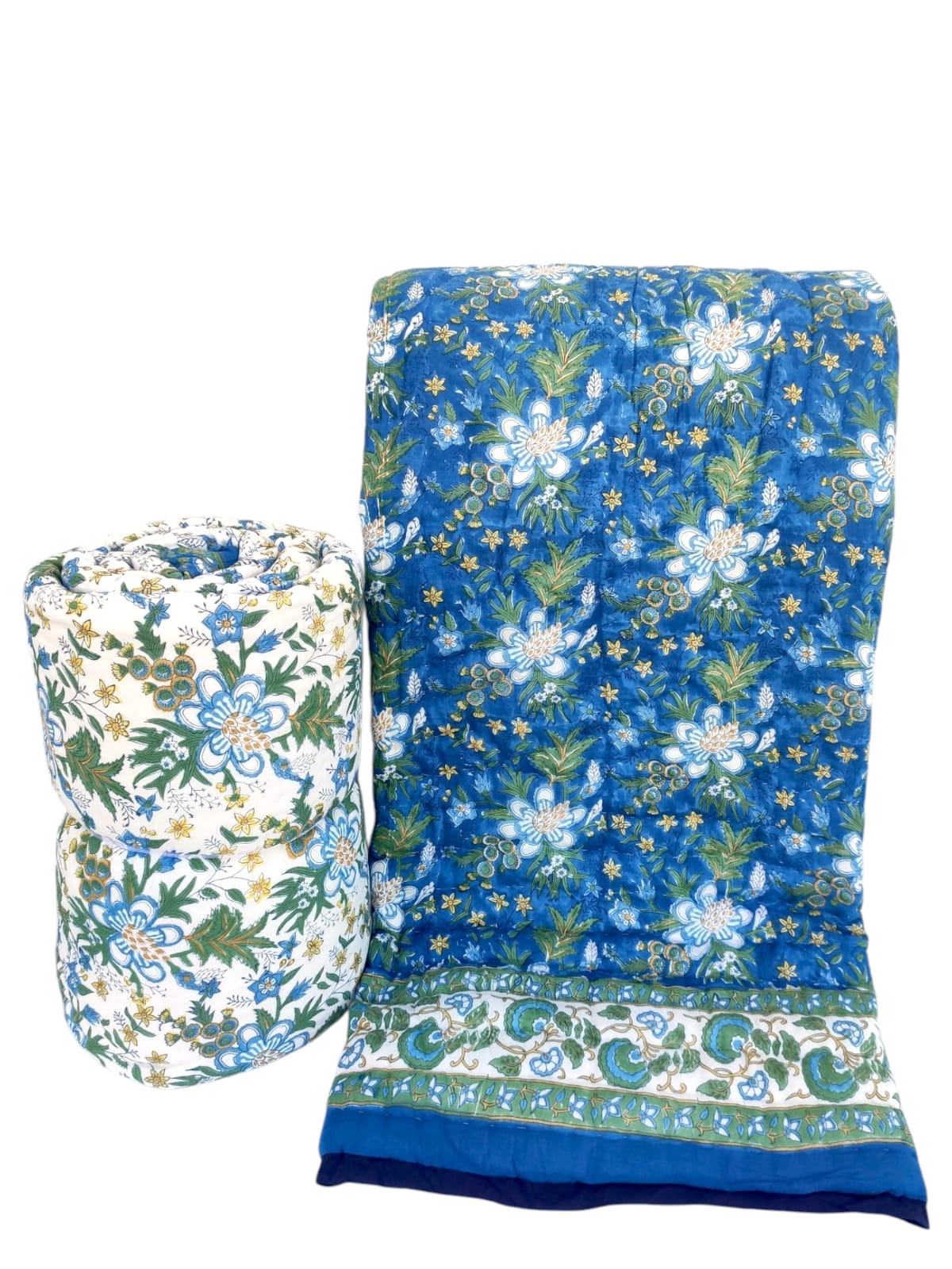 Lush Blue Reversible Handblock Printed Cotton Quilt