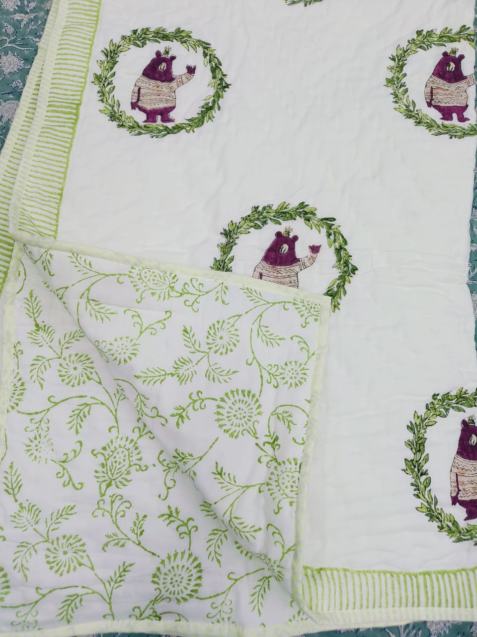 Bear Handblock Printed Reversible Soft Baby Quilt