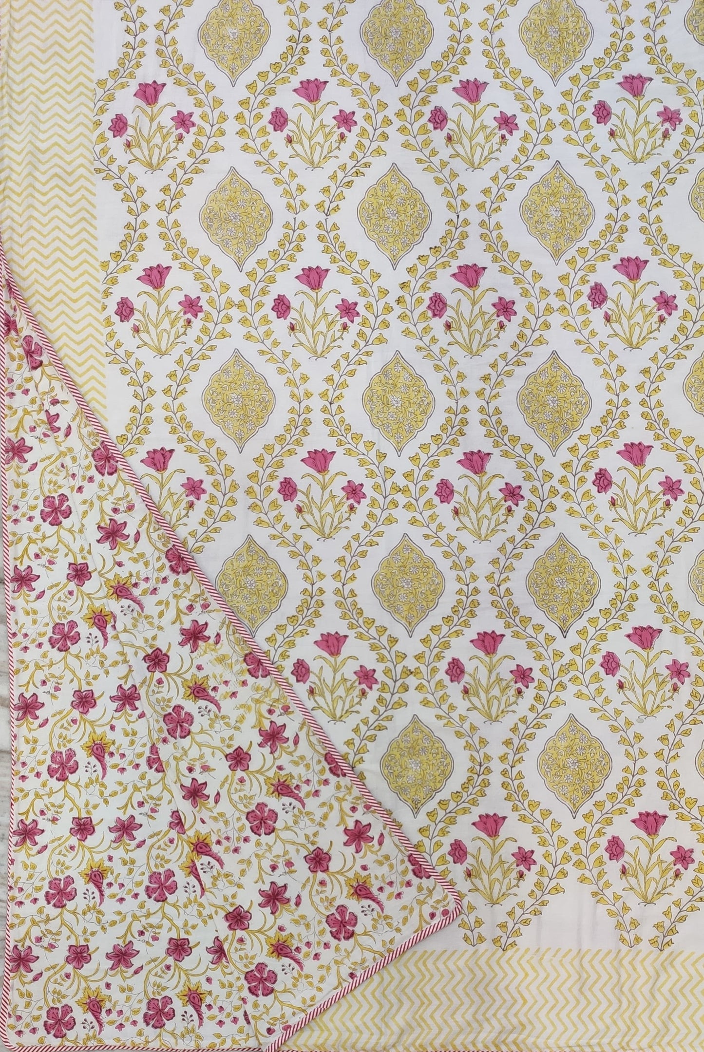 Mustard Pink Jaal Reversible Hand Block Printed Mul Cotton Dohar