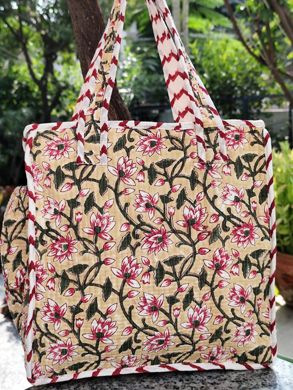 Mustard yellow Floral Quilted Handblock Printed Lunch Bag With Zip