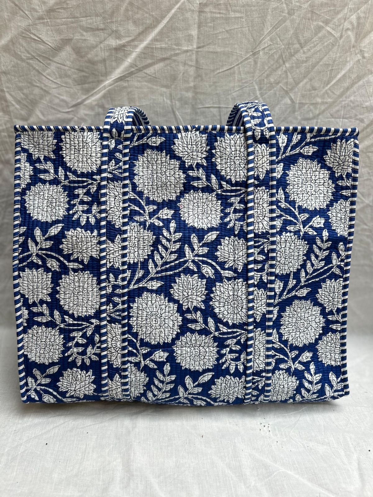 Navy Blue Floral Quilted Tote Bags With Zip