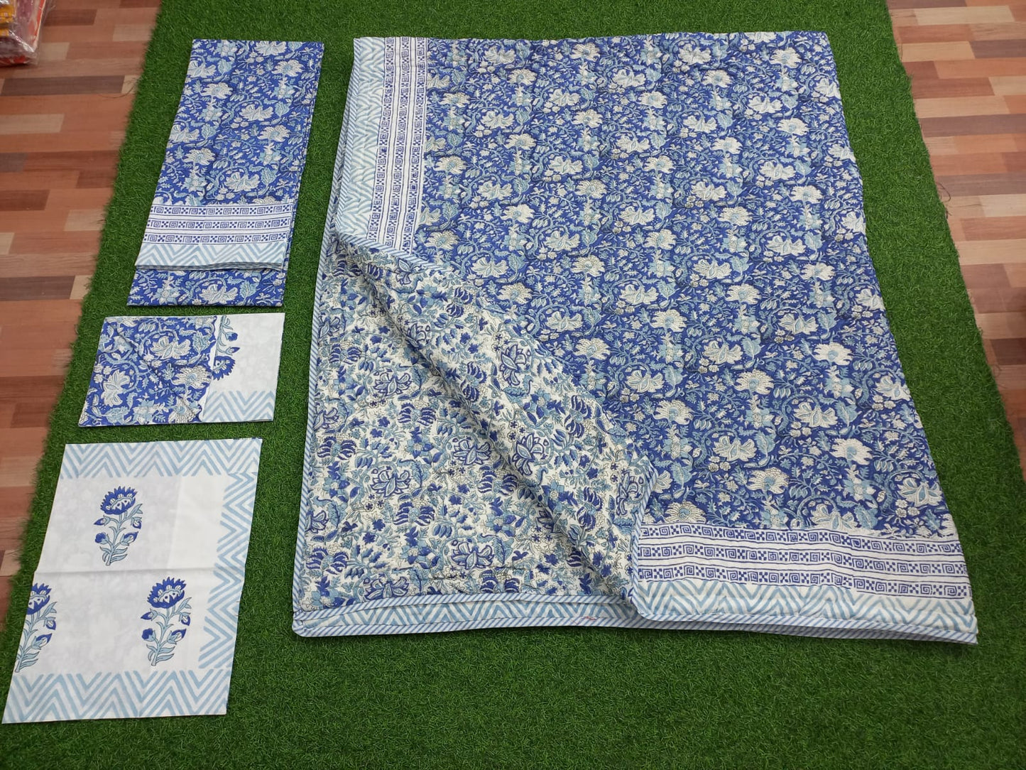 Navy Blue Hand block Printed Matching Quilt Reversible With Bedsheet
