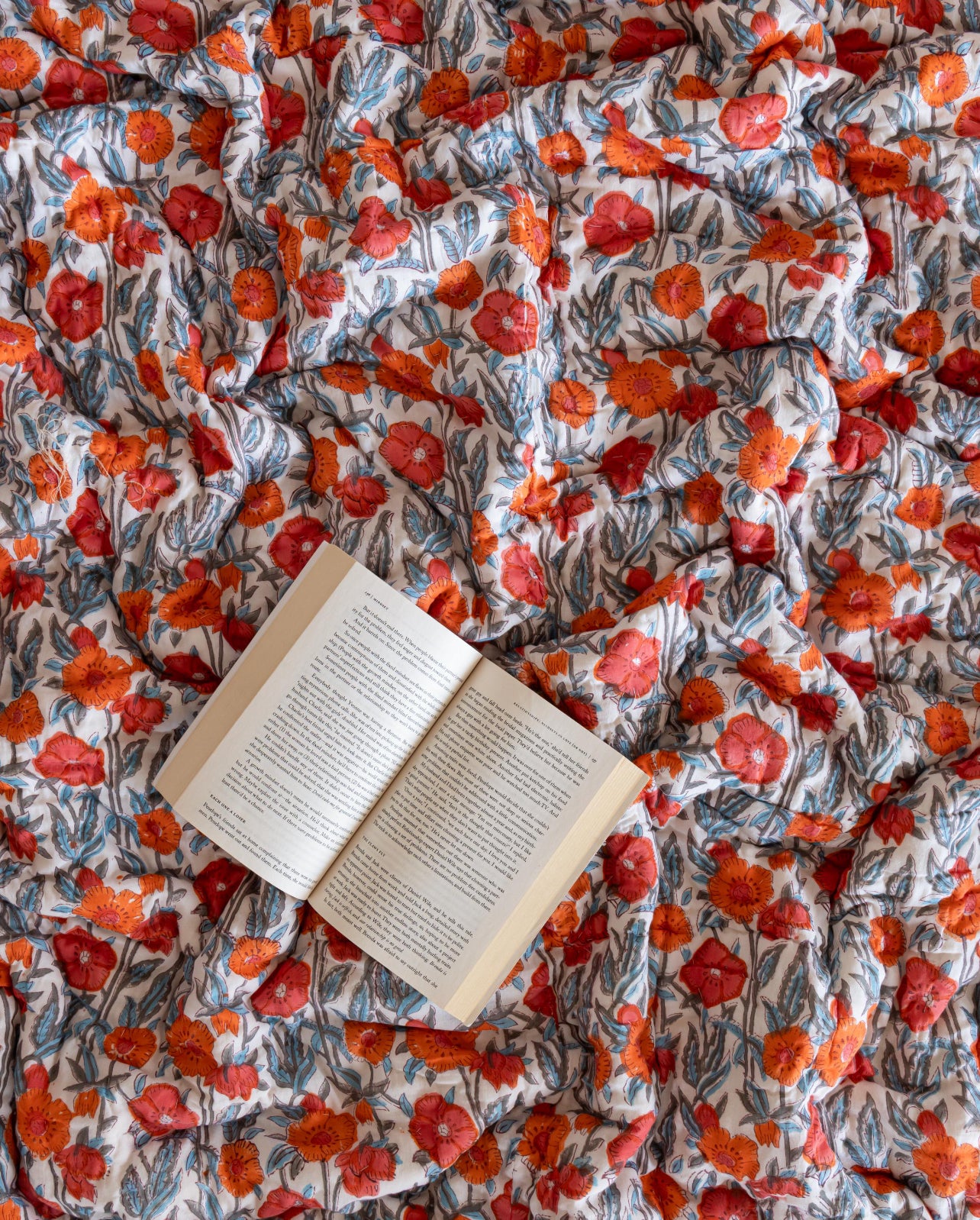 Navy Blue Orange Floral Reversible Handblock Printed Cotton Quilt