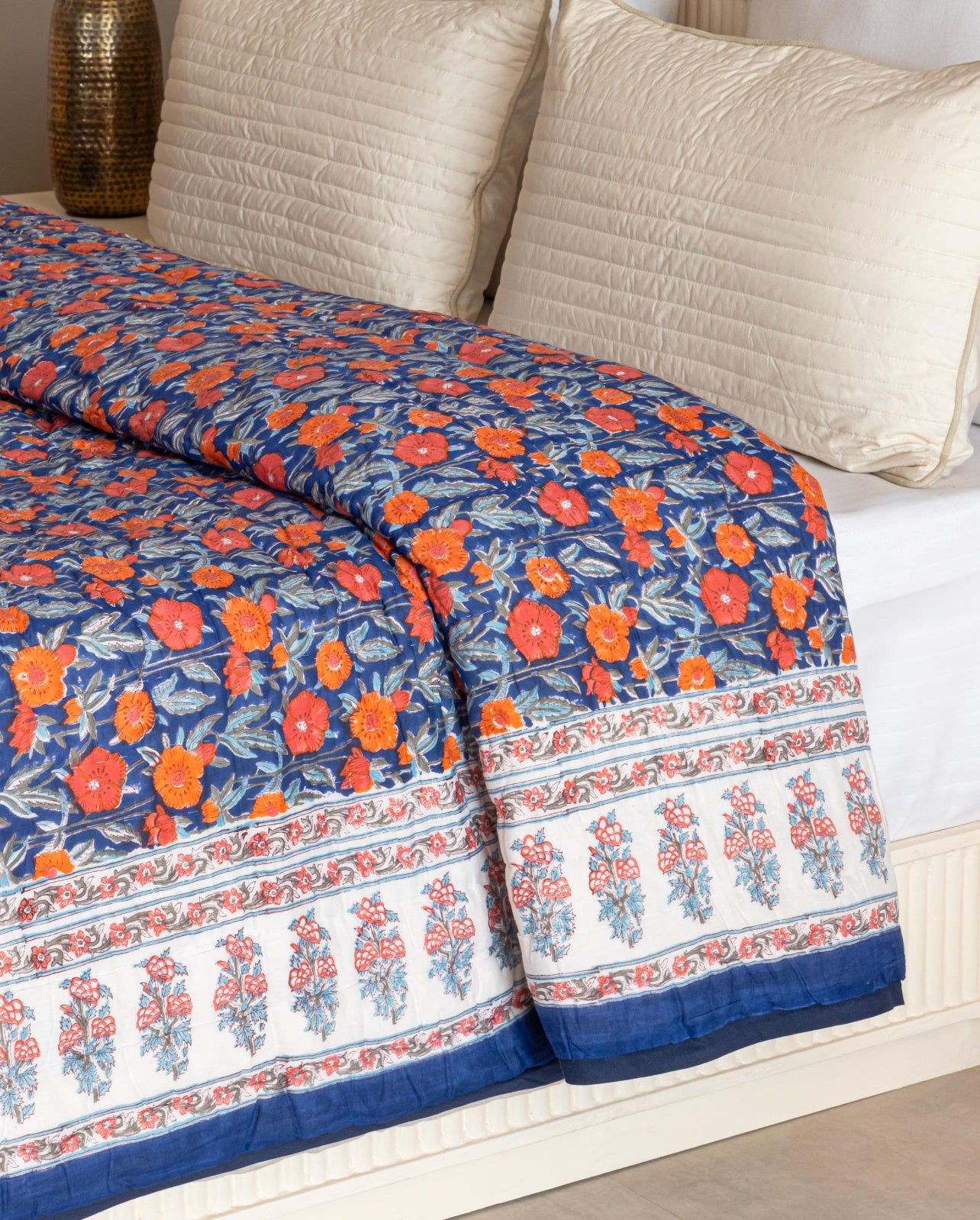 Navy Blue Orange Floral Reversible Handblock Printed Cotton Quilt