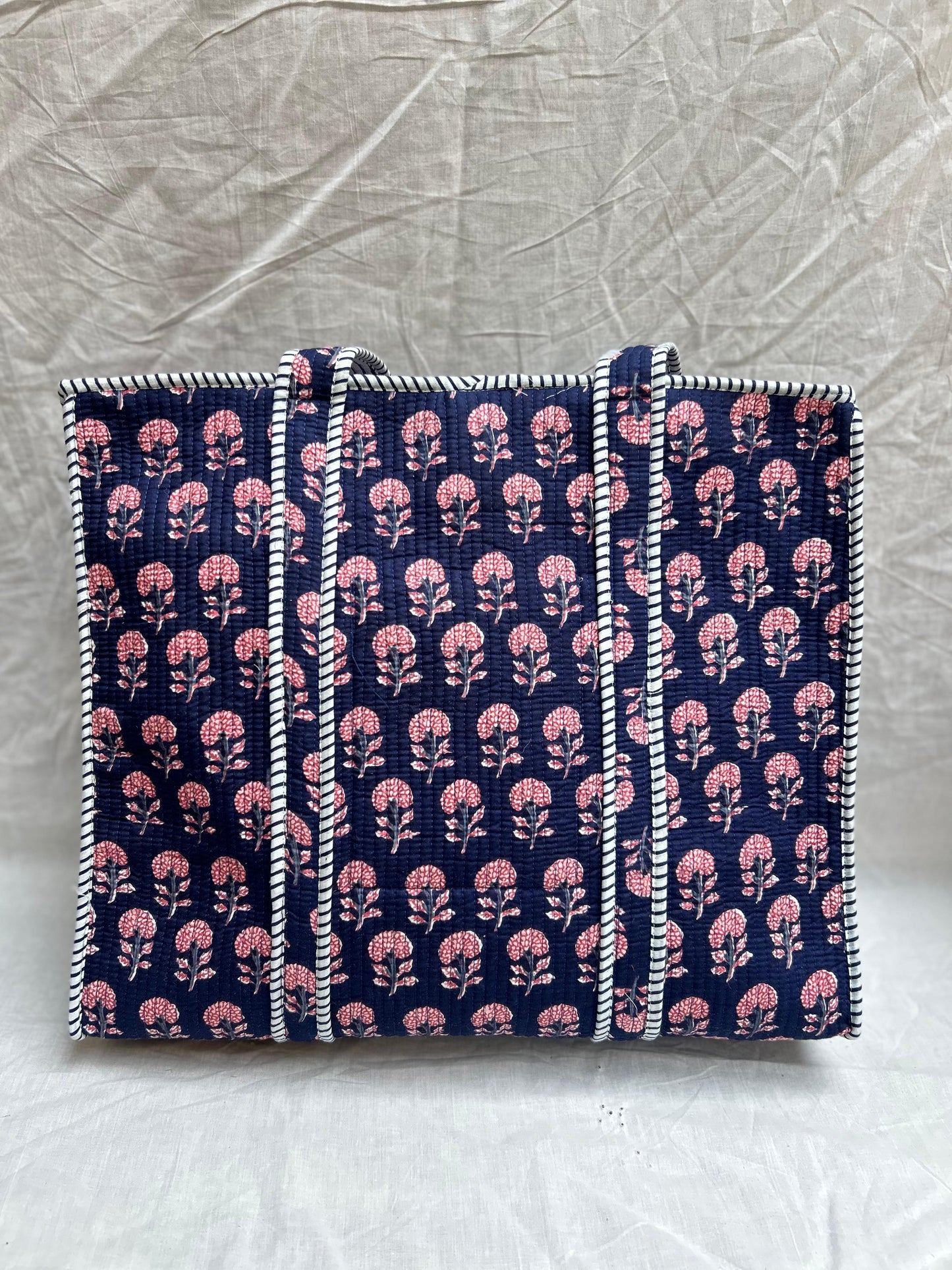 Navy Blue Pink Quilted Tote Bags With Zip