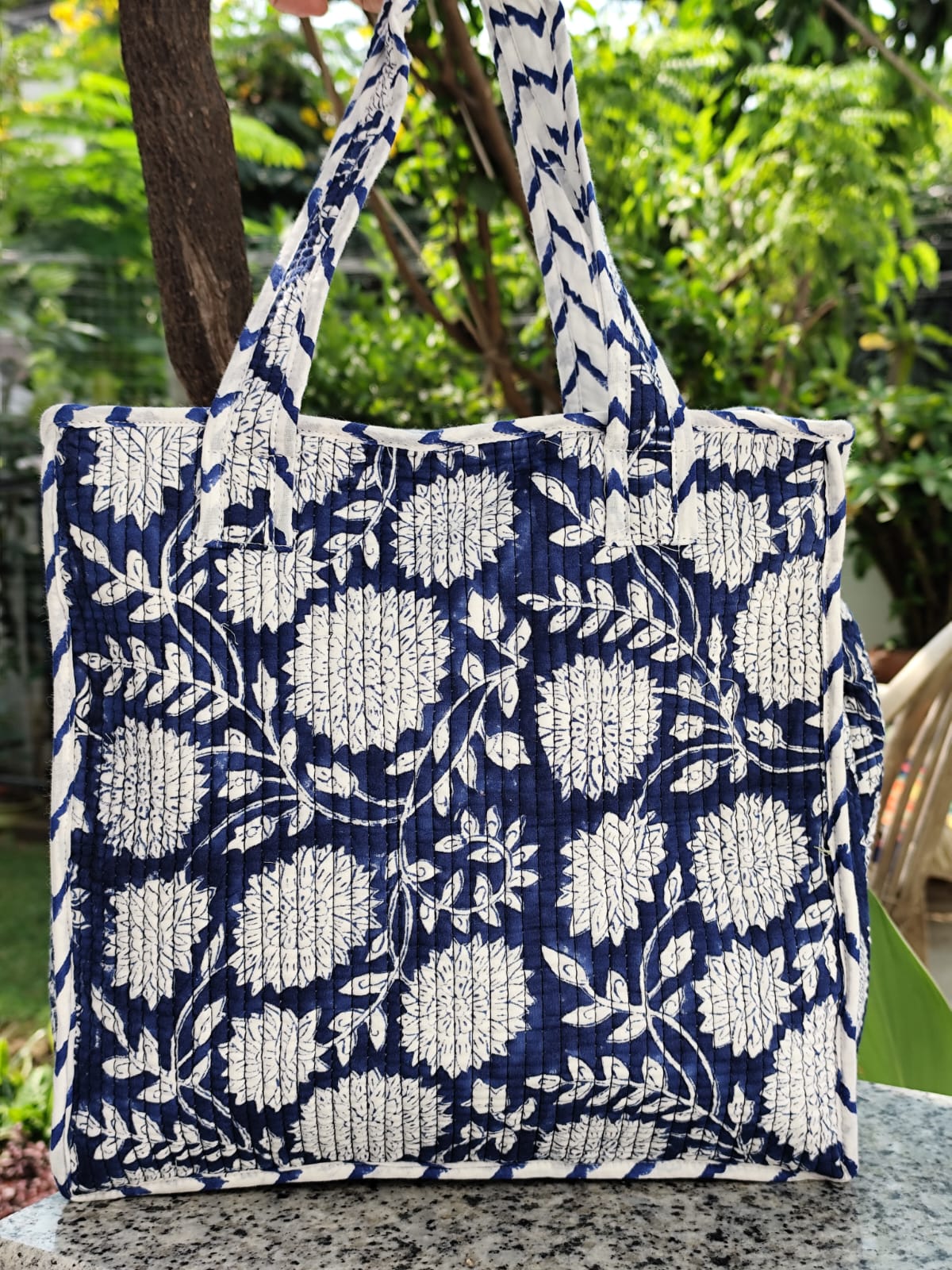 Quilted Handblock Printed Lunch Bag With Zip