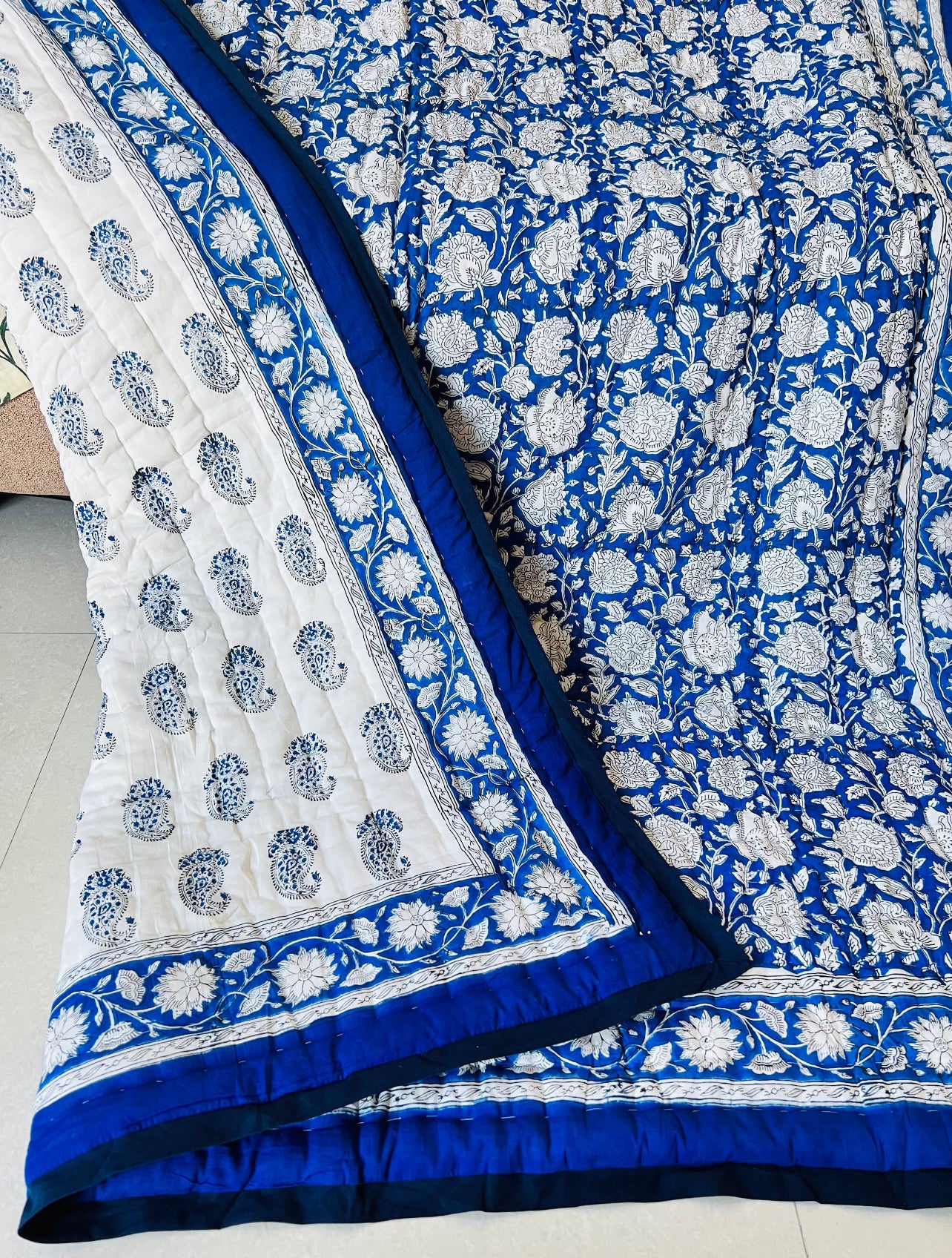 Navy Blue Reversible Handblock Printed Cotton Quilt