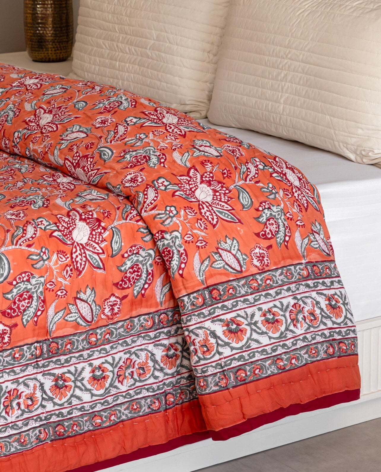 Orange Floral Reversible Handblock Printed Cotton Quilt